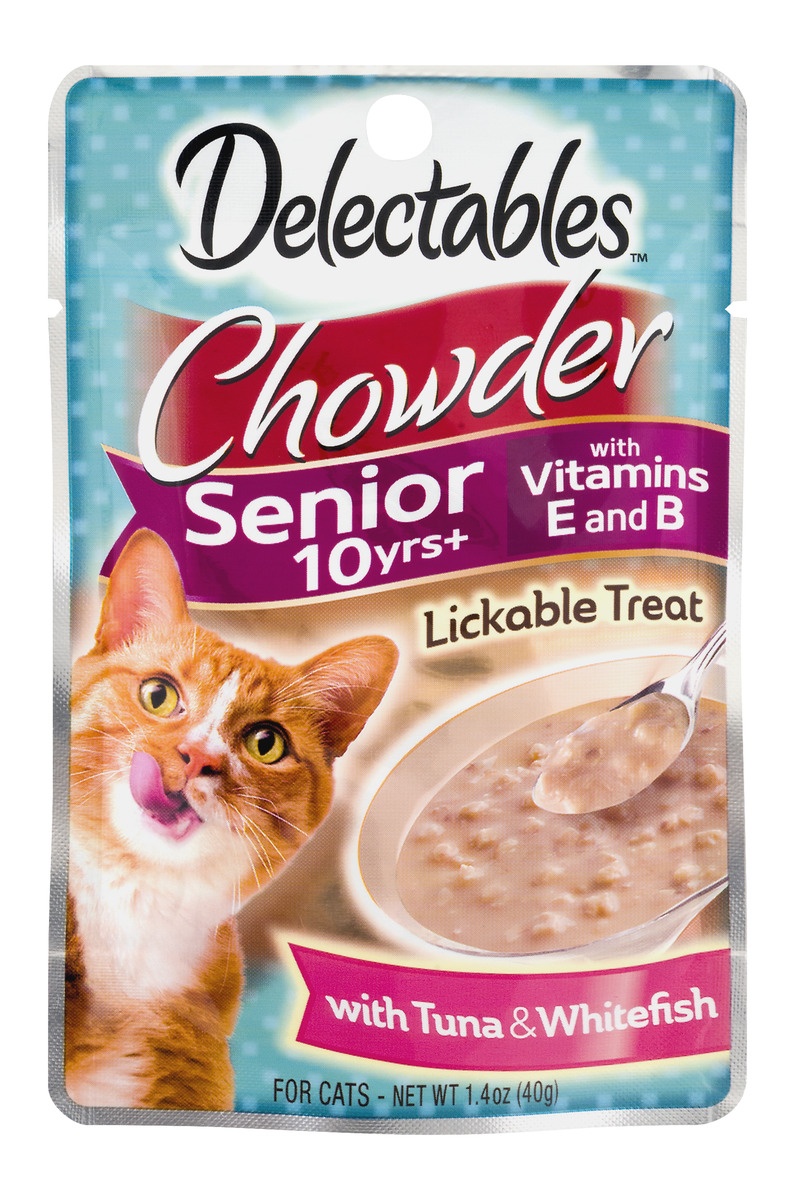 slide 1 of 1, Delectables Chowder Lickable Treat for Senior Cats With Tuna & Whitefish, 1.4 oz