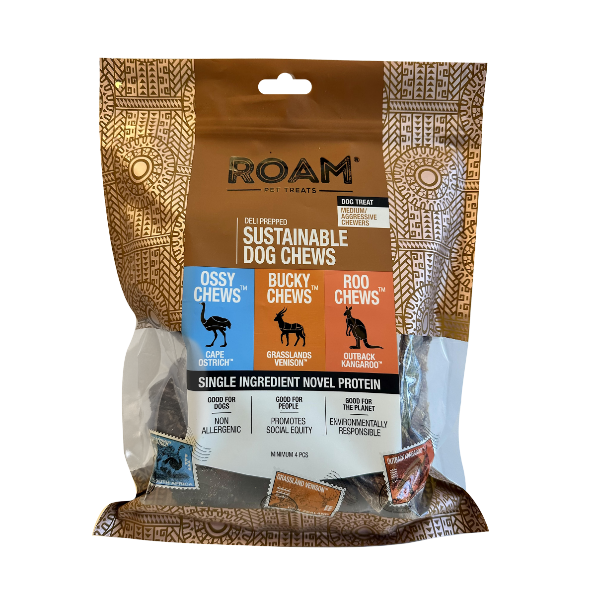 slide 1 of 5, ROAM Exotic Variety Pack Adult Dog Treat Chews - Ostrich, Venison & Kangaroo, 4 ct