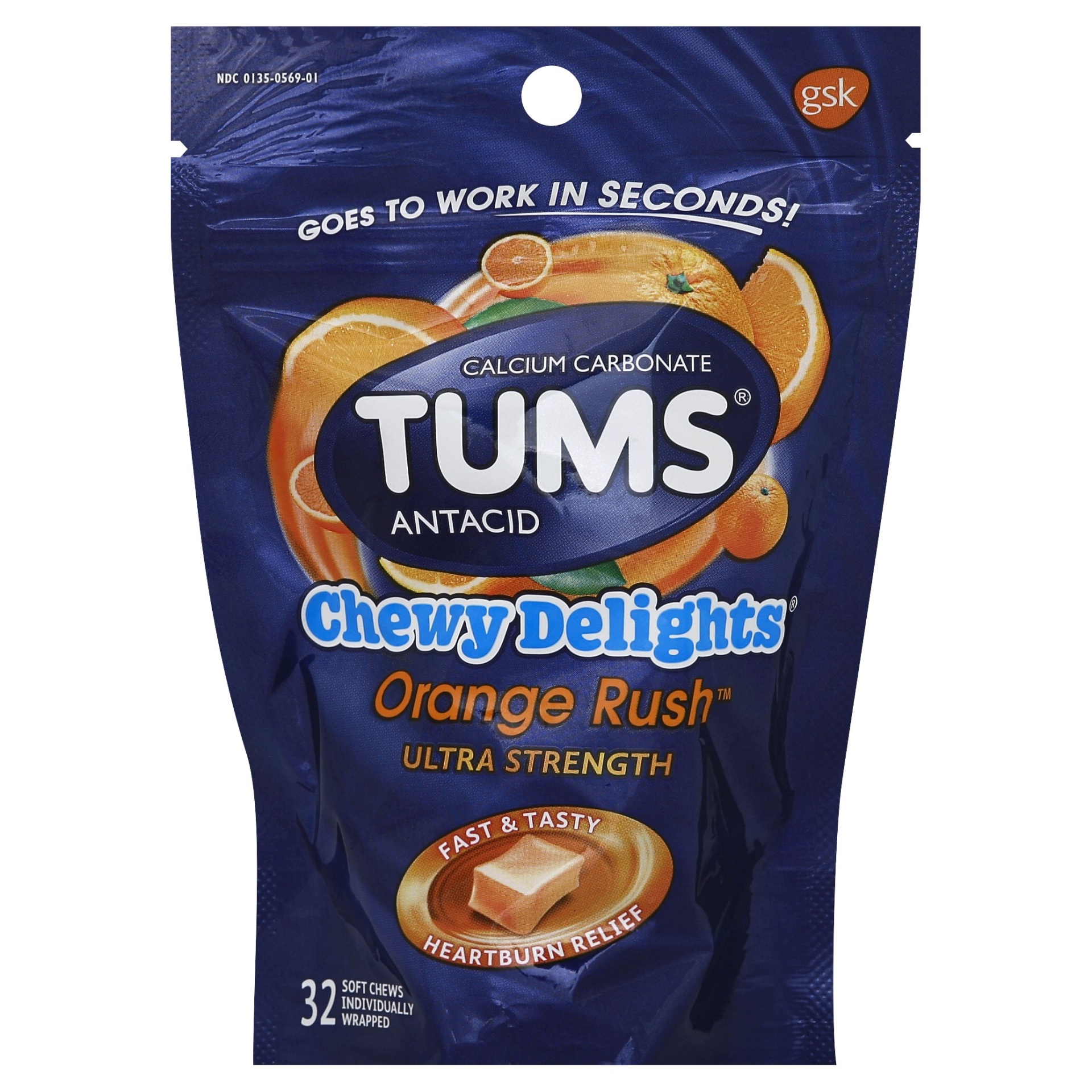 slide 1 of 1, Tums Chewy Delights Orange Rush Antacid Ultra Strength Soft Chews, 32 ct