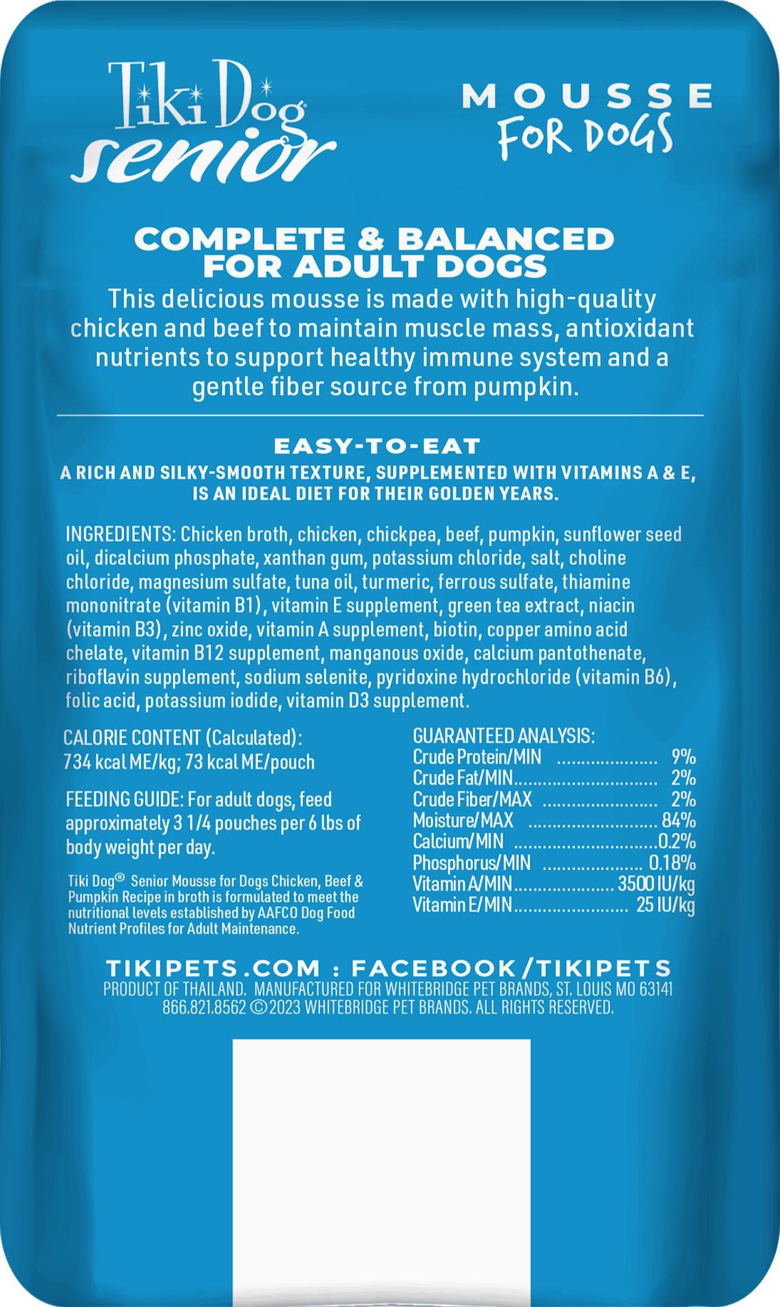 slide 5 of 6, Tiki Dog Senior Mousse Wet Dog Food, Chicken, Beef & Pumpkin, 3.5 oz. Pouch (12 Count), 3.5 oz