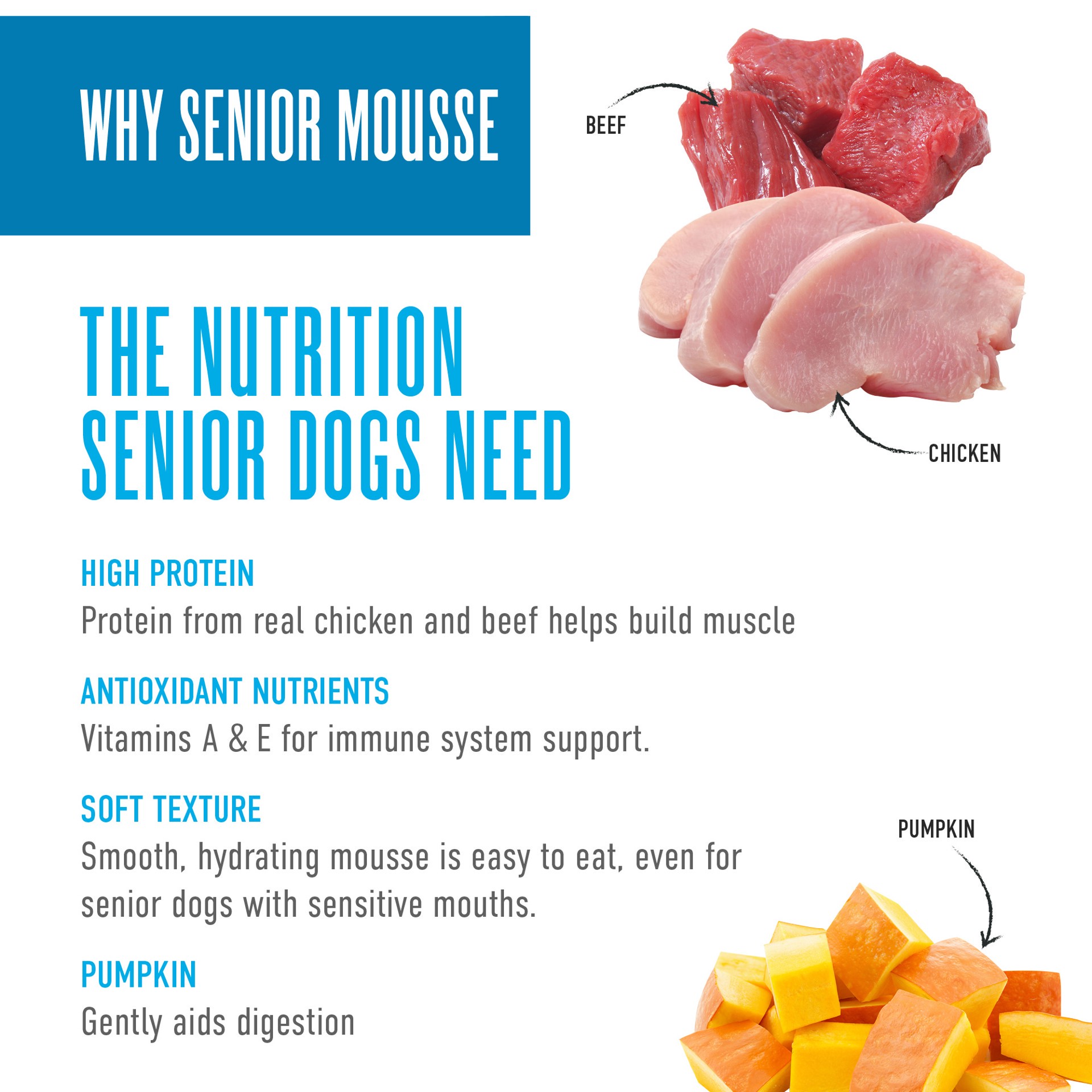 slide 6 of 6, Tiki Dog Senior Mousse Wet Dog Food, Chicken, Beef & Pumpkin, 3.5 oz. Pouch (12 Count), 3.5 oz