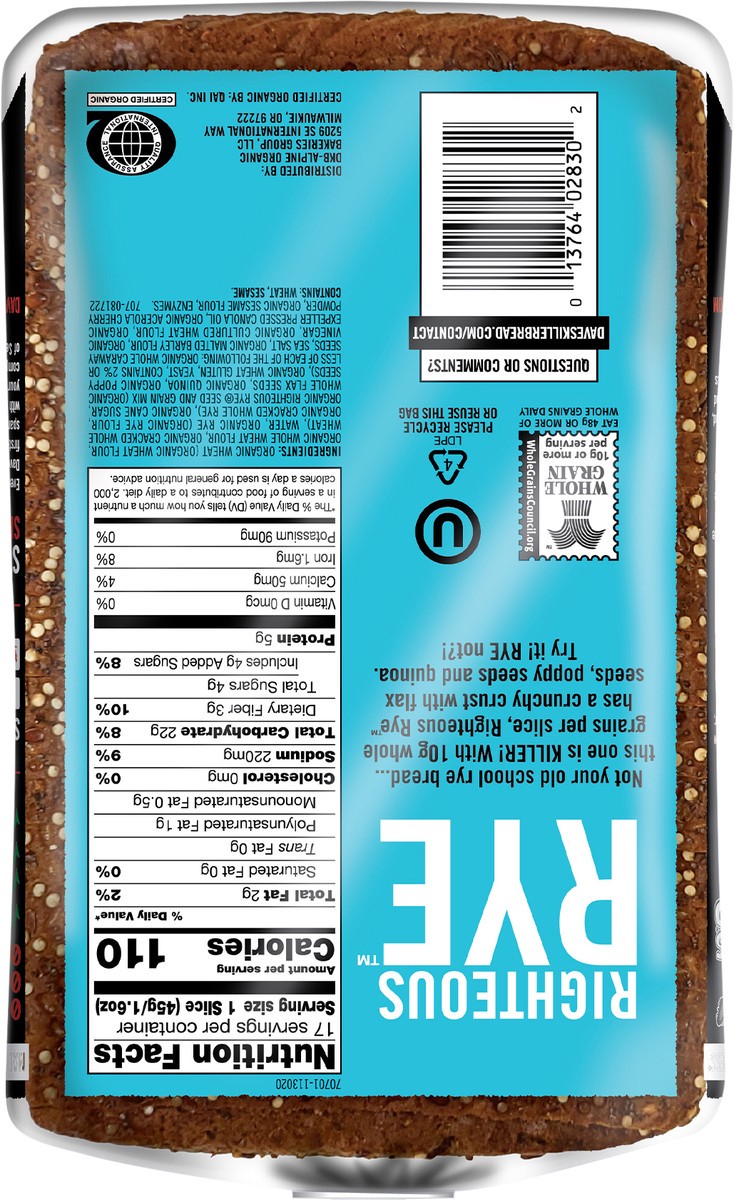 slide 7 of 12, Dave's Killer Bread Righteous Rye Bread, Organic Rye Bread, 27 oz Loaf, 27 oz