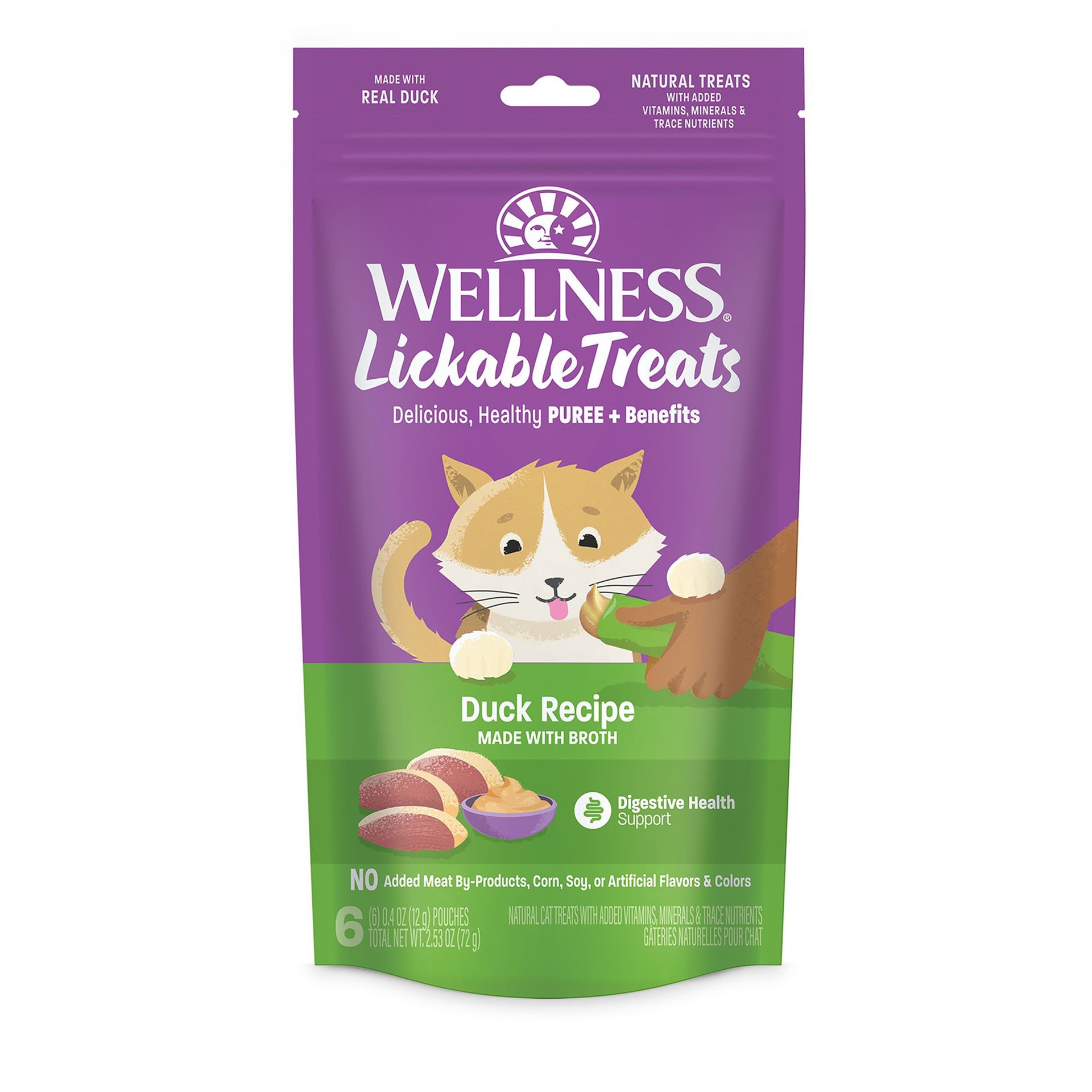 slide 1 of 1, Wellness Lickable Treats Soft Puree Natural Grain Free Cat Treats, Duck, Contains 6 - 0.4 Ounce Tubes, 1 ct