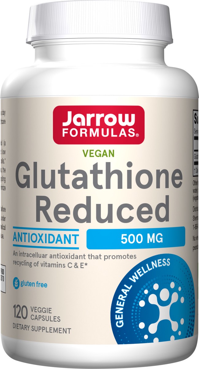 slide 3 of 5, Jarrow Formulas Glutathione Reduced 500mg - 120 Veggie Capsules - Intracellular Antioxidant - Promotes Recycling of Vitamins C & E - Gluten Free - Vegan, 120 ct