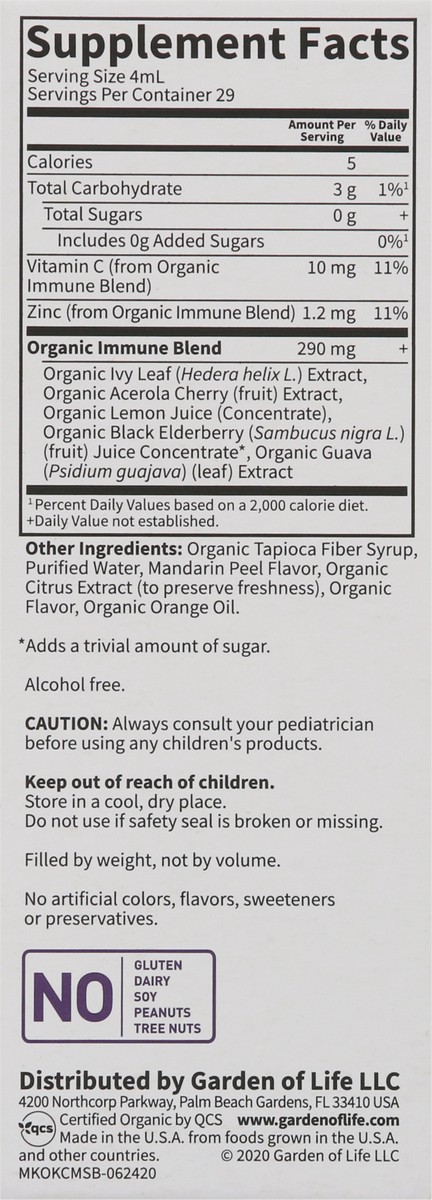 slide 4 of 9, Garden of Life MyKind Organics Kids Cough & Syrup Immune Syrup 3.92 fl oz, 1 ct