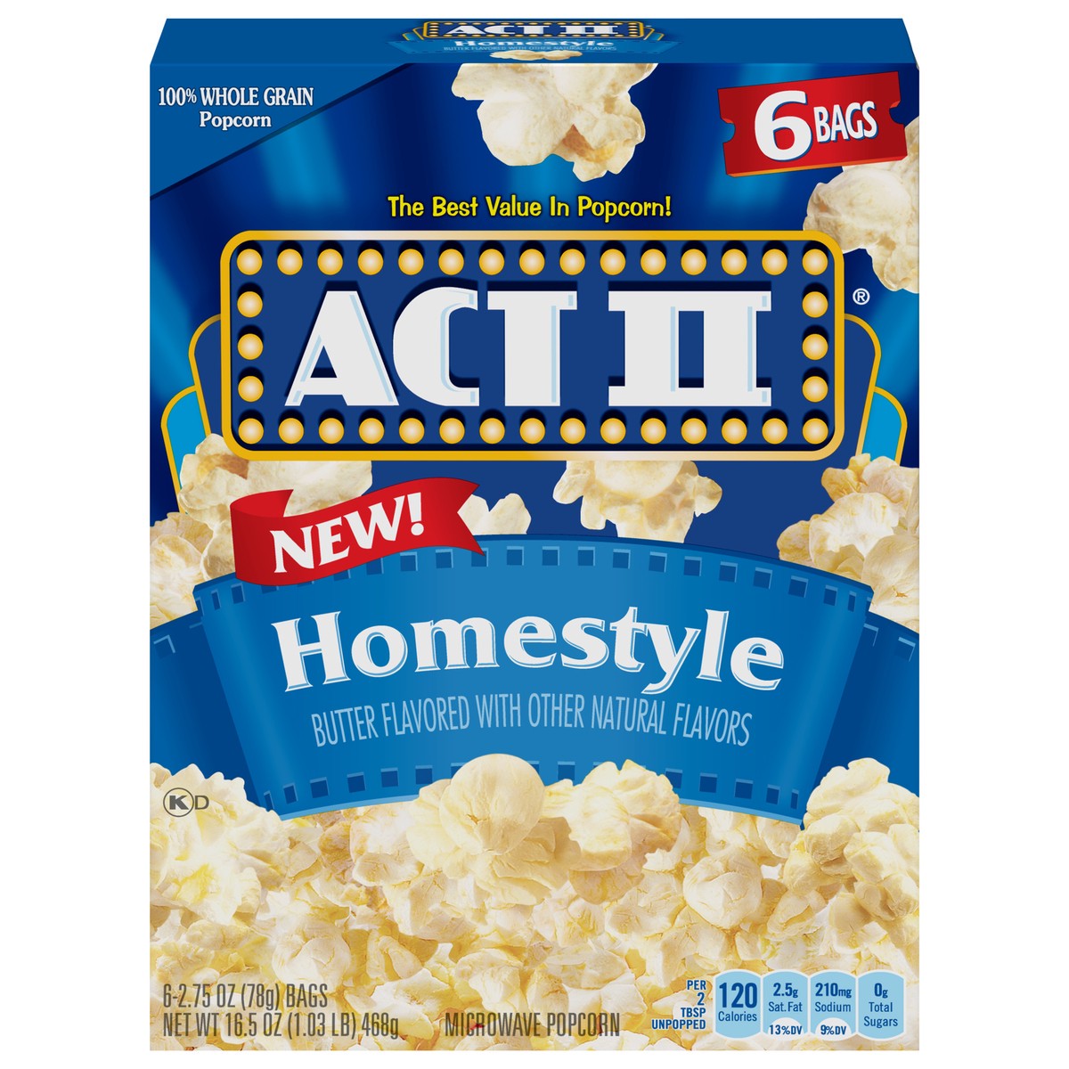 slide 1 of 5, ACT II Homestyle Butter Flavored Microwave Popcorn 6 - 2.75 oz (78 g) Bags, 6 ct