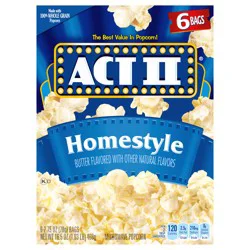 Act II Homestyle Butter Flavored Microwave Popcorn 6 - 2.75 oz (78 g) Bags