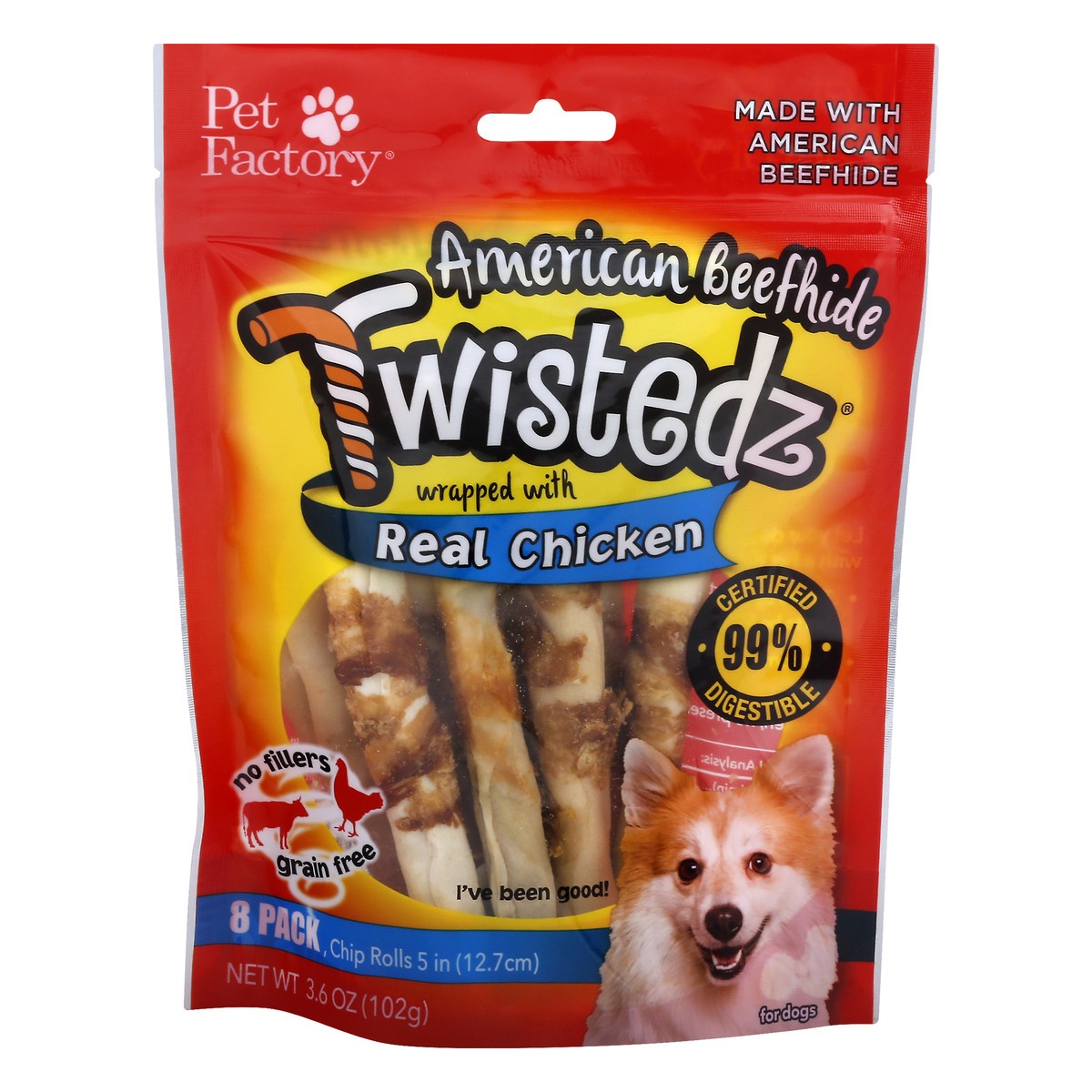 slide 1 of 11, Pet Factory American Beefhide Dog Chews, Twistedz Wrapped With Real Chicken 5" 8Ct, 3.6 oz