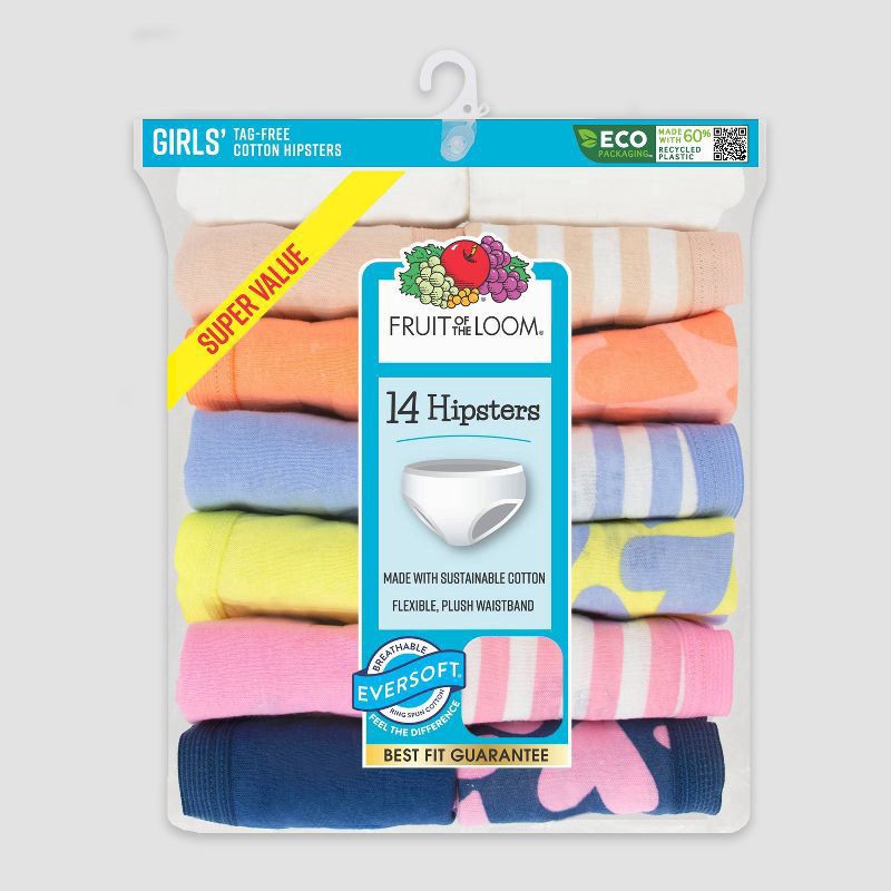 slide 2 of 3, Fruit of the Loom Girls' 14pk 'Hearts and Stripes' Hipster 6, 14 ct