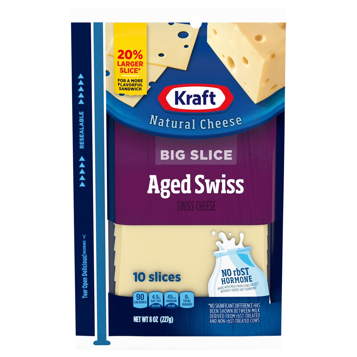 slide 1 of 17, Kraft Big Slice Aged Swiss Cheese Slices, 10 ct Pack, 8 oz