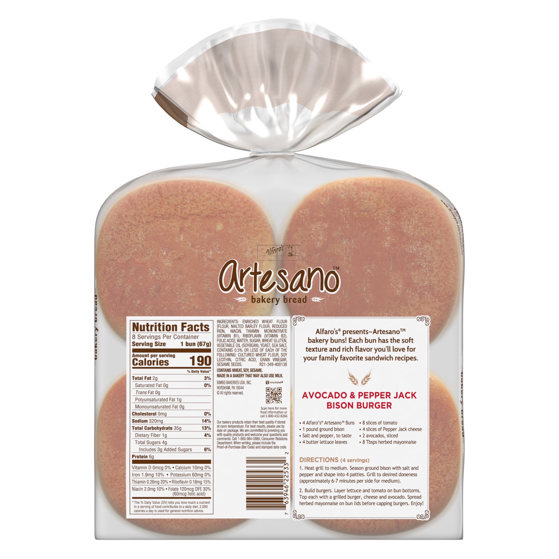 slide 2 of 7, Alfaro's Artesano White Bakery Buns, 8 count, Hamburger Buns, 19 oz Bag, 8 ct