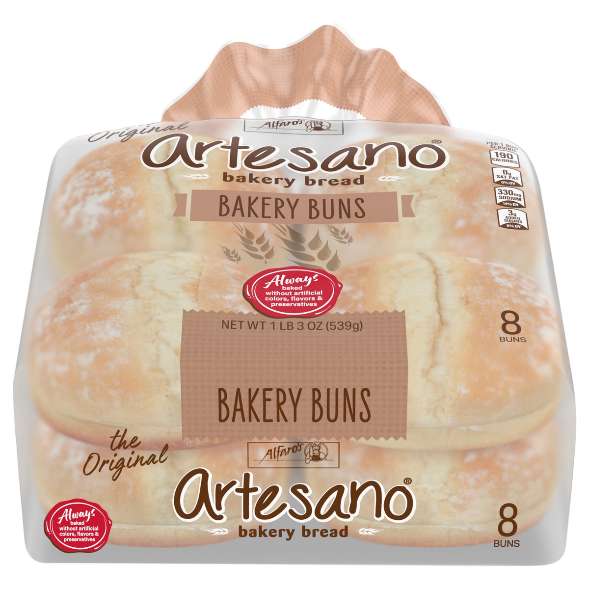 slide 1 of 7, Alfaro's Artesano White Bakery Buns, 8 count, Hamburger Buns, 19 oz Bag, 8 ct