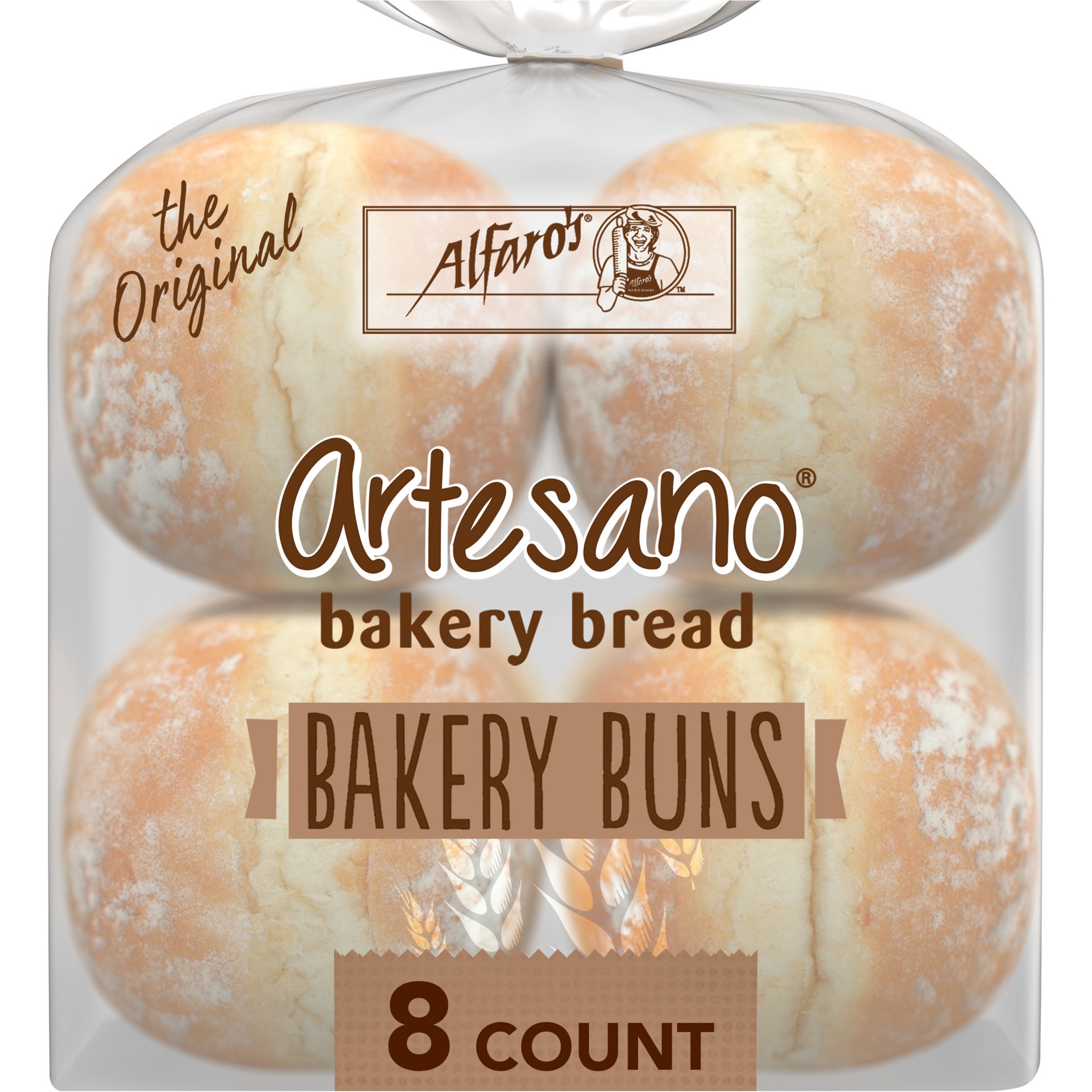 slide 1 of 7, Alfaro's Artesano White Bakery Buns, 8 count, Hamburger Buns, 19 oz Bag, 8 ct