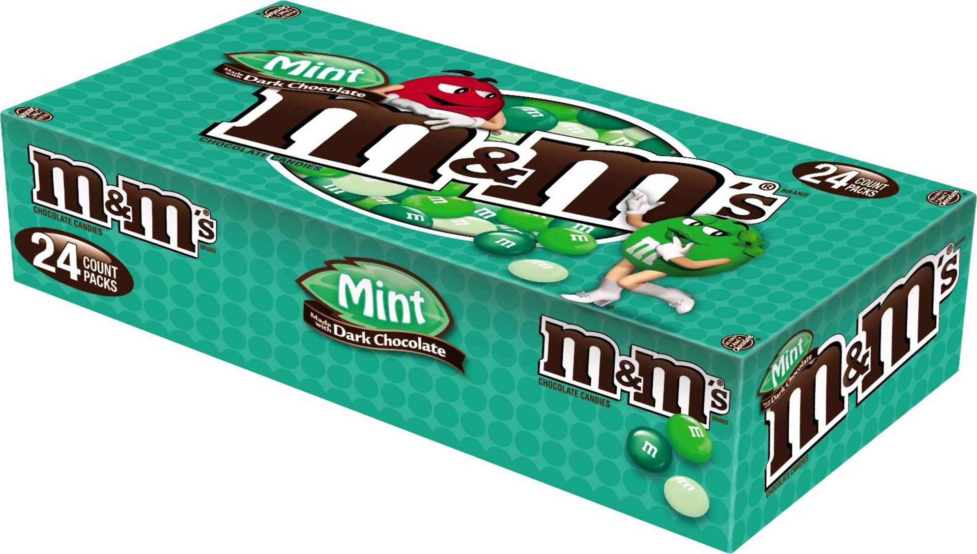 slide 1 of 6, M&M's Mint Dark Chocolate Candy Singles Size 1.5-Ounce Pouch 24-Count Box, 1.5 oz