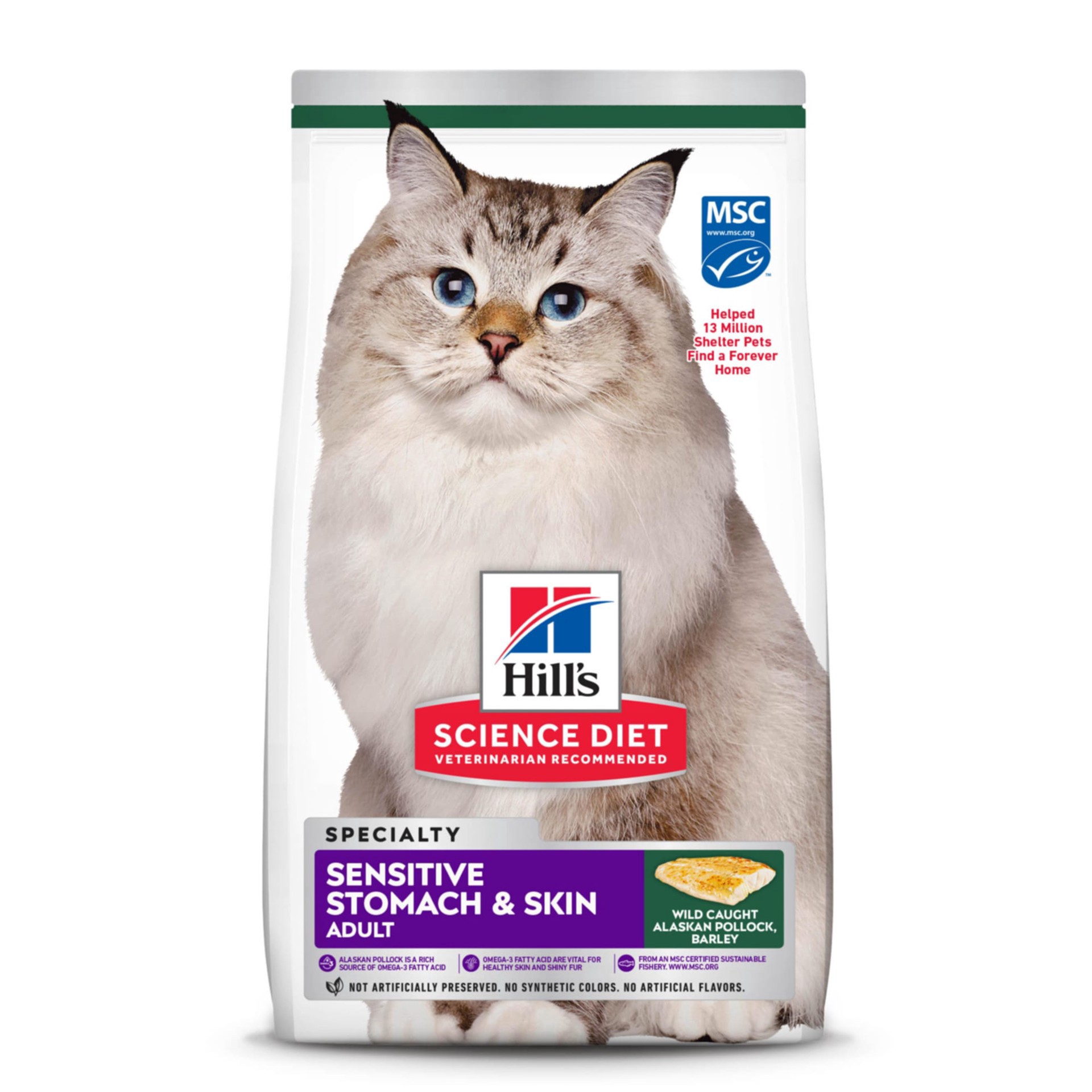 slide 1 of 1, Hill's Science Diet Adult Sensitive Stomach & Sensitive Skin Pollock Meal & Barley Recipe Dry Cat Food, 6 lbs, 6 lb