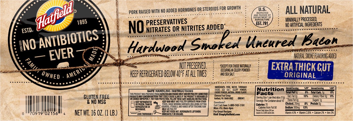 slide 3 of 7, Hatfield NAE Bacon Uncured Hardwood Smoked 16 OZ Resealable Package, 16 oz