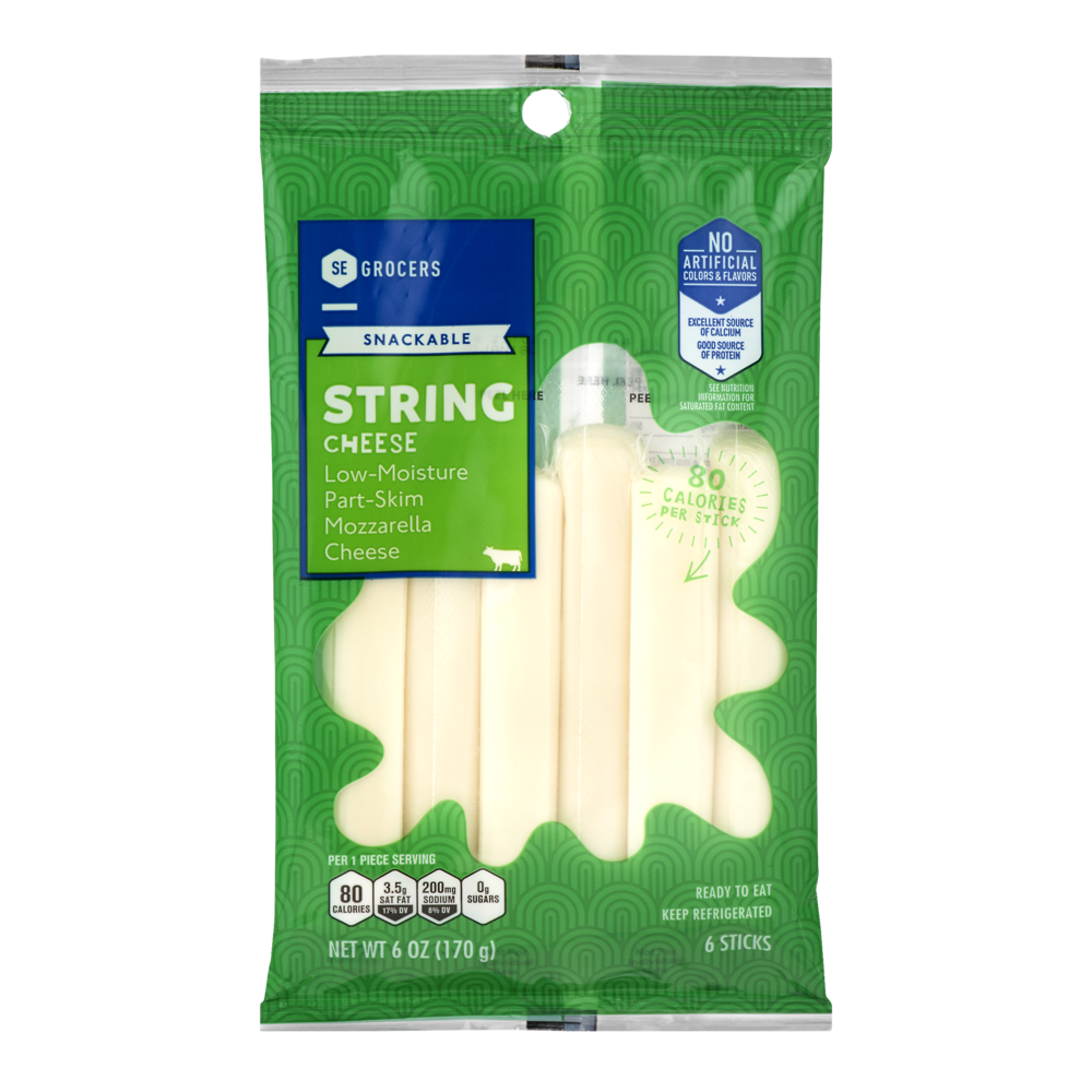 slide 1 of 1, SE Grocers Snackable String Cheese Low-Moisture Part-Skim Mozzarella Cheese, 6 ct; 6 oz