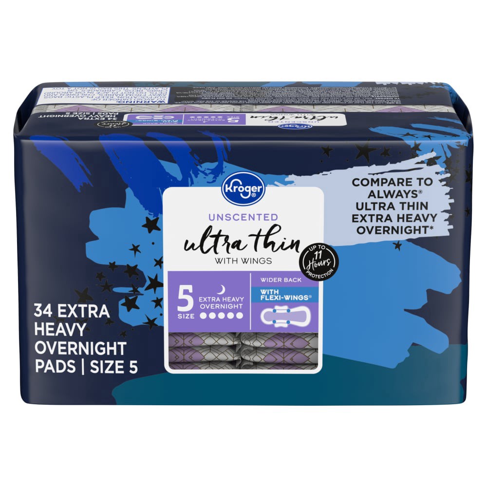 slide 1 of 1, Kroger® Ultra Thin Overnight Pads Extra Heavy Unscented, 34 ct