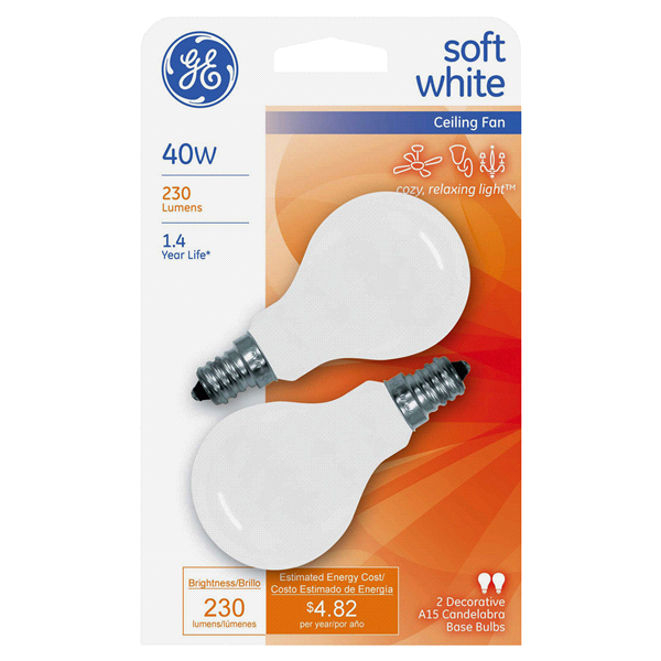 slide 1 of 1, GE Soft White Ceiling Fan Bulbs, 2 ct