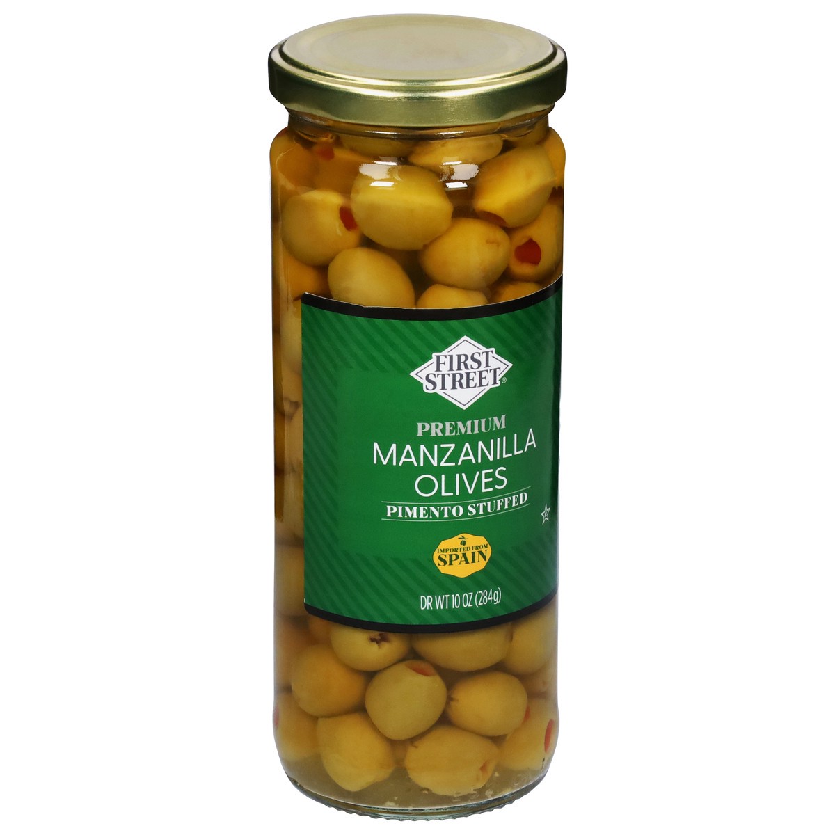slide 4 of 4, First Street Fs Manzanilla Olives Pimento Stuffed, 10 oz