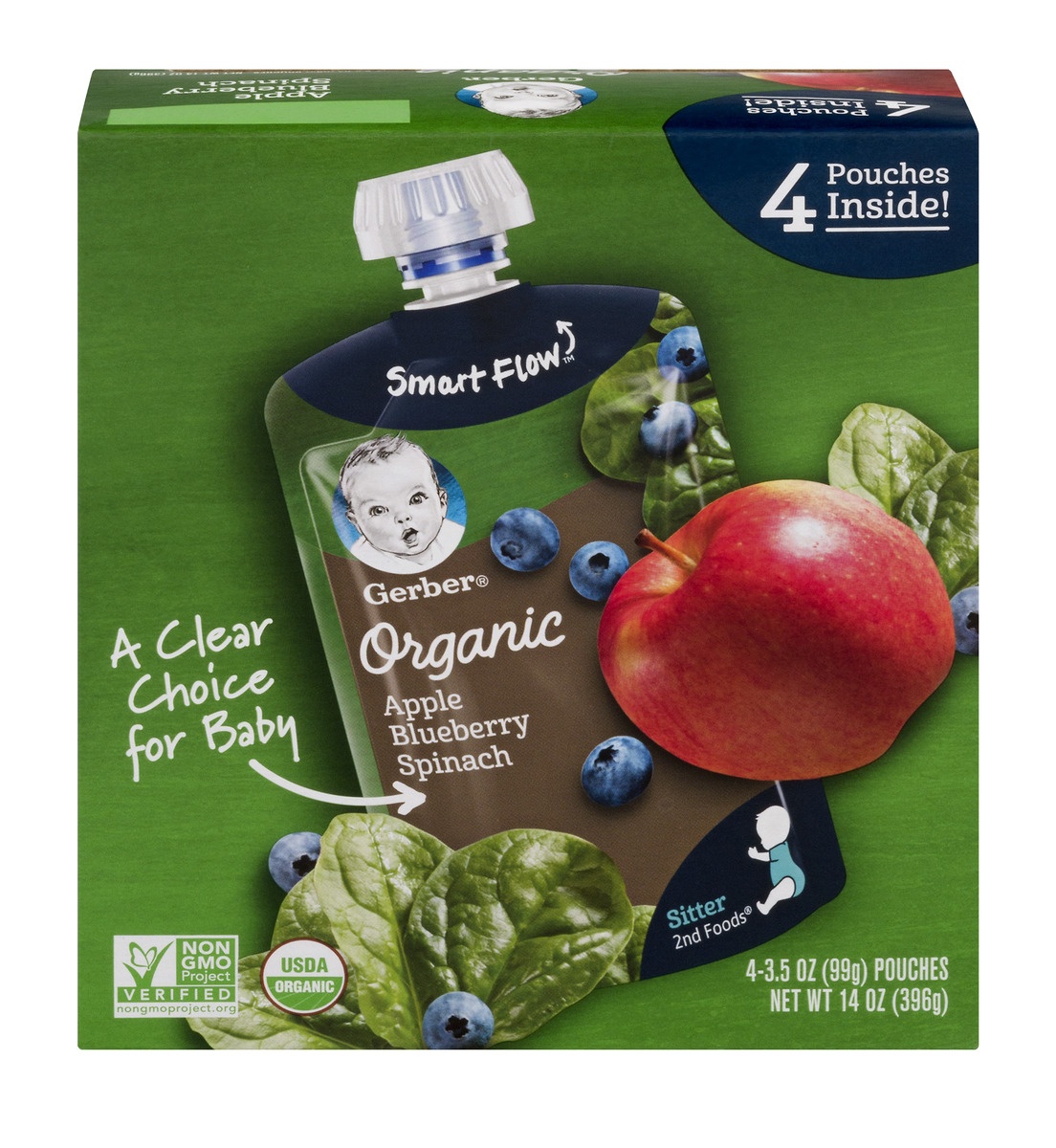 slide 1 of 1, Gerber Organic Fruit & Veggies, Apples, Blueberries & Spinach, 4 ct; 3.5 oz