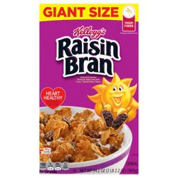 Kellogg's Raisin Bran Breakfast Cereal, High Fiber Cereal, Made with Real Fruit, Giant Size, Original, 34.2oz Box (1 Box)