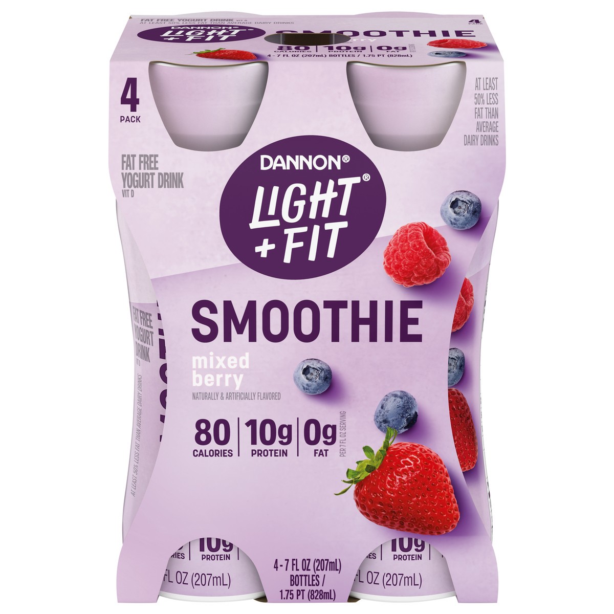 slide 2 of 15, Light + Fit Dannon Light + Fit Mixed Berry Nonfat Smoothie Drinks, with 0g Added Sugar and 0g Fat, 4 Ct, 7 FL OZ Bottles, 7 fl oz