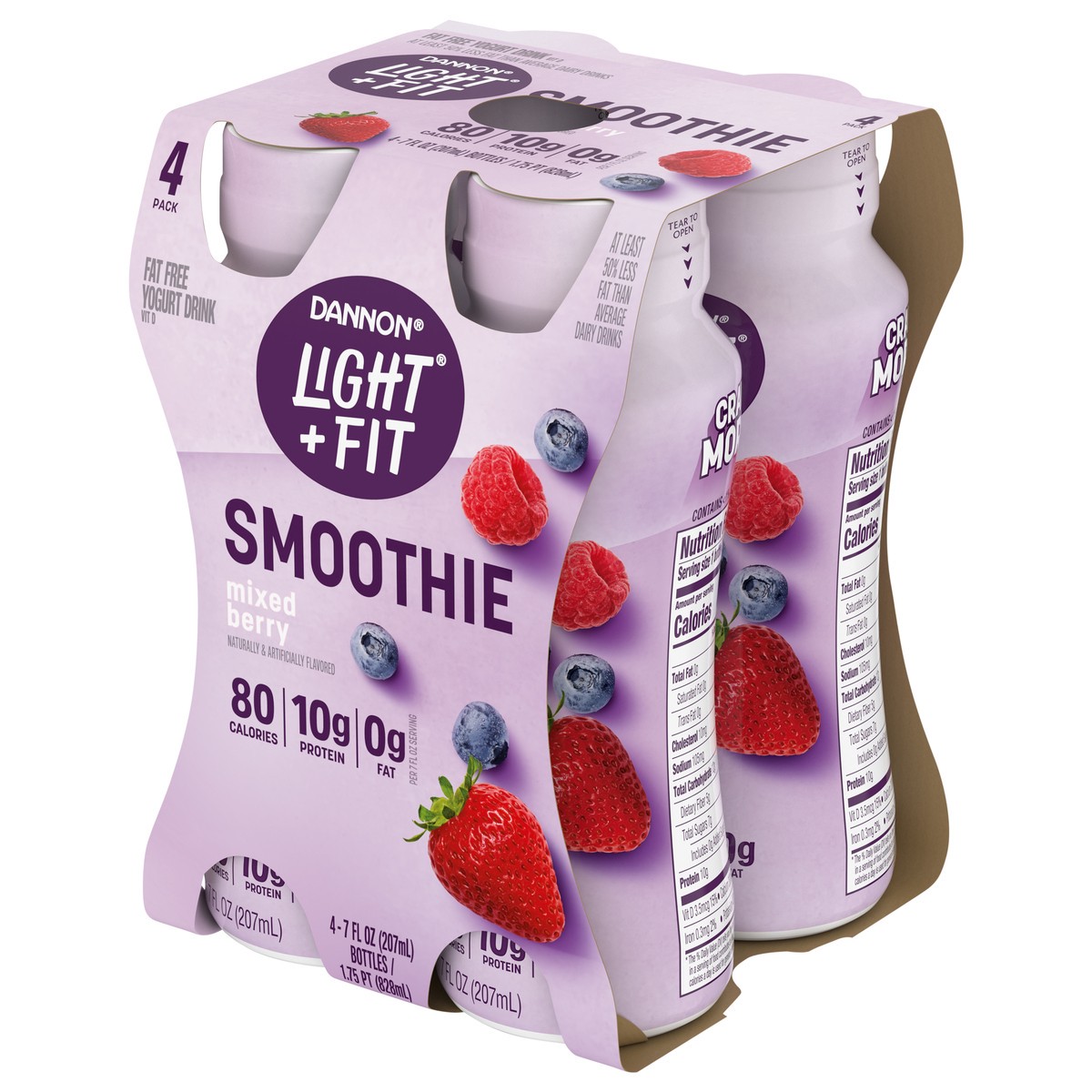 slide 13 of 15, Light + Fit Dannon Light + Fit Mixed Berry Nonfat Smoothie Drinks, with 0g Added Sugar and 0g Fat, 4 Ct, 7 FL OZ Bottles, 7 fl oz