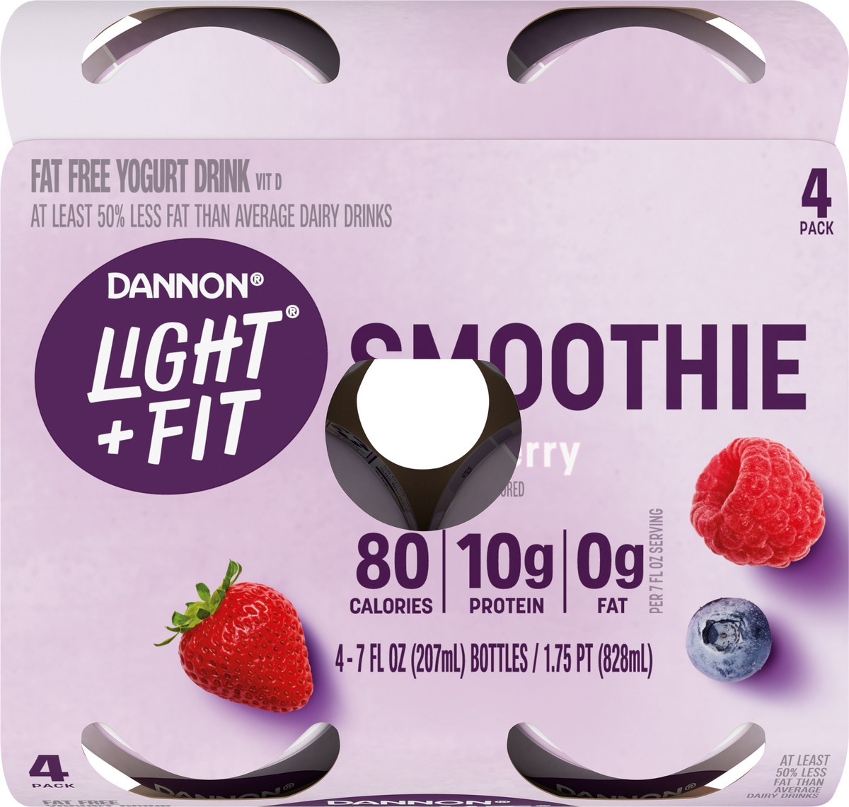 slide 14 of 15, Light + Fit Dannon Light + Fit Mixed Berry Nonfat Smoothie Drinks, with 0g Added Sugar and 0g Fat, 4 Ct, 7 FL OZ Bottles, 7 fl oz