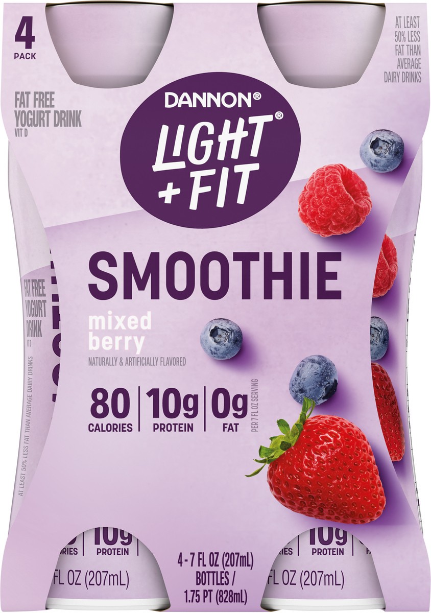 slide 5 of 15, Light + Fit Dannon Light + Fit Mixed Berry Nonfat Smoothie Drinks, with 0g Added Sugar and 0g Fat, 4 Ct, 7 FL OZ Bottles, 7 fl oz