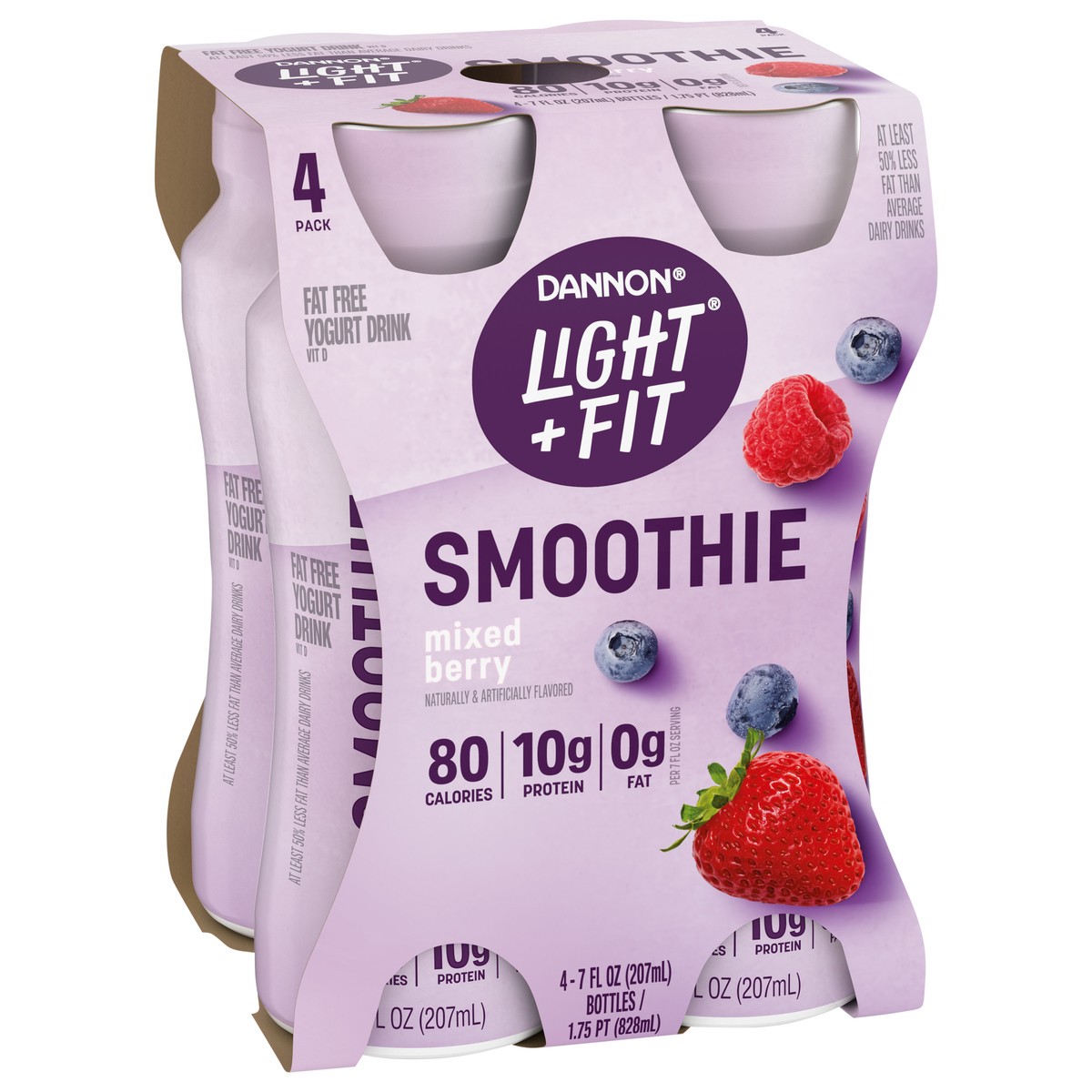 slide 6 of 15, Light + Fit Dannon Light + Fit Mixed Berry Nonfat Smoothie Drinks, with 0g Added Sugar and 0g Fat, 4 Ct, 7 FL OZ Bottles, 7 fl oz