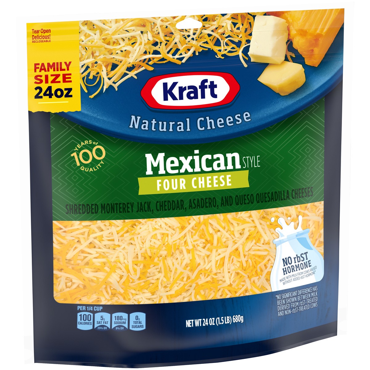 slide 2 of 8, Kraft Mexican Style Four Cheese Blend Shredded Cheese Family Size, 24 oz