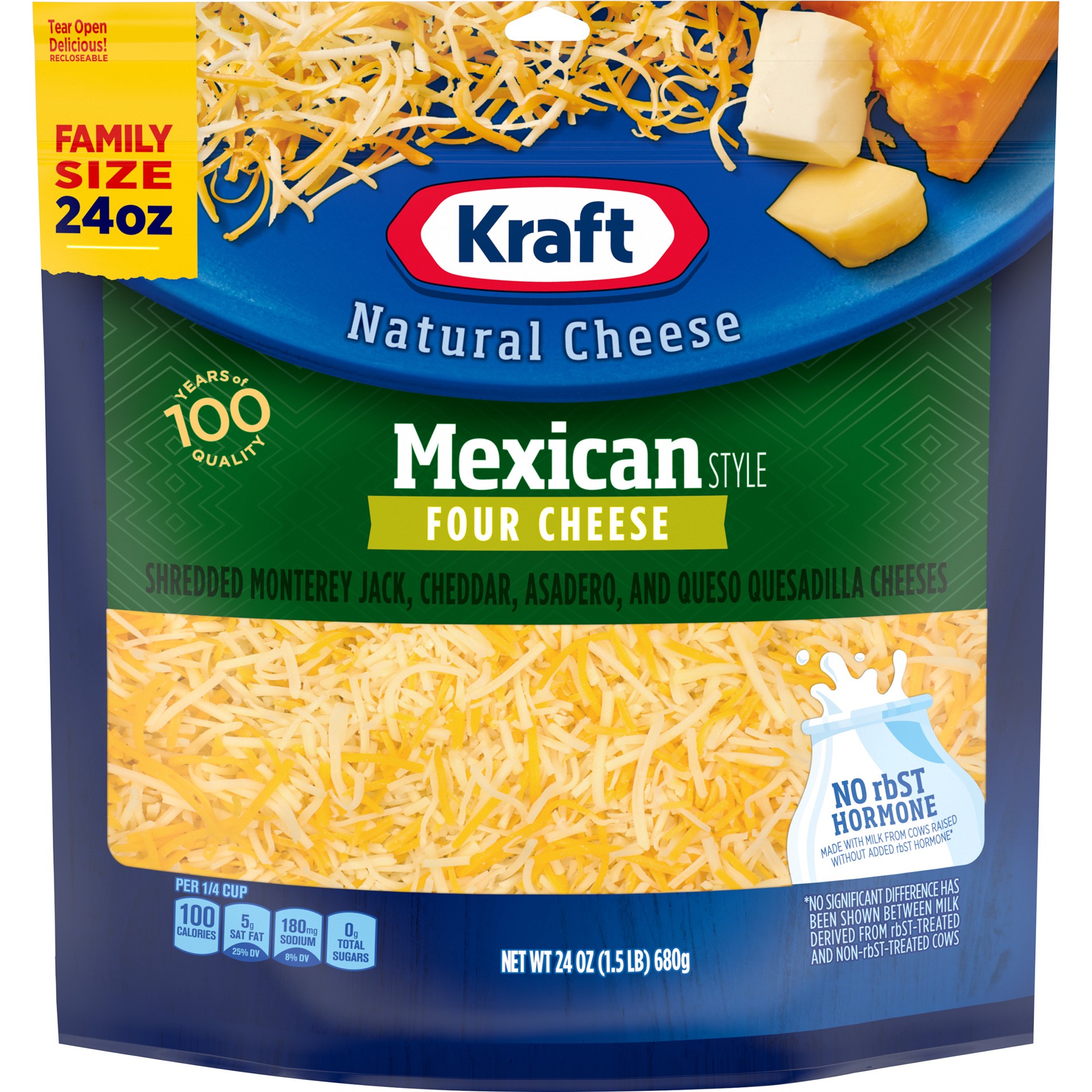 slide 1 of 6, Kraft Mexican Style Four Cheese Blend Shredded Cheese Family Size, 24 oz Bag, 24 oz