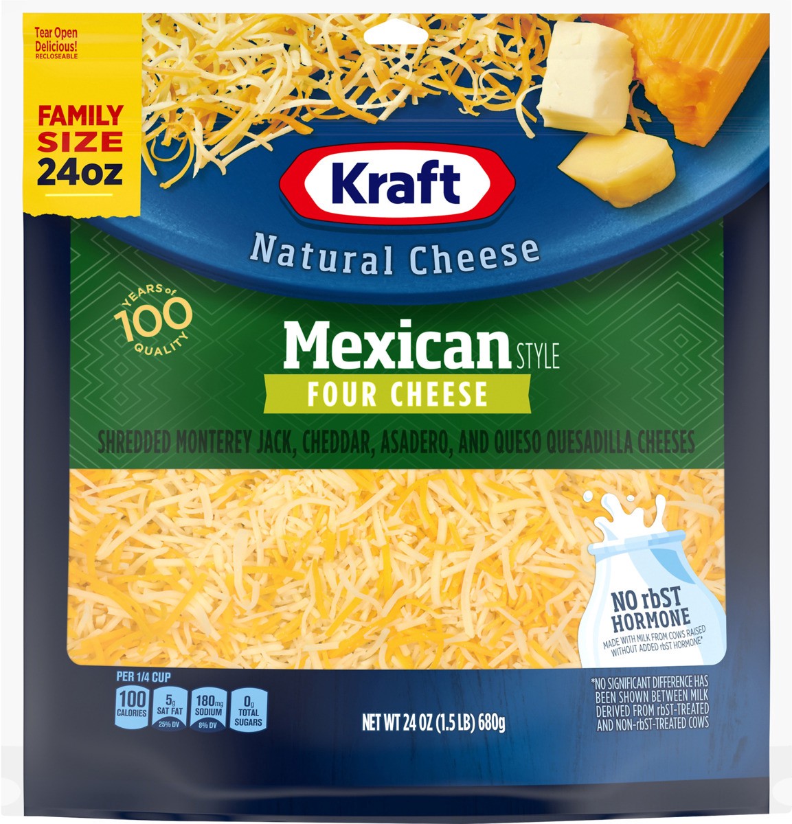 slide 7 of 8, Kraft Mexican Style Four Cheese Blend Shredded Cheese Family Size, 24 oz