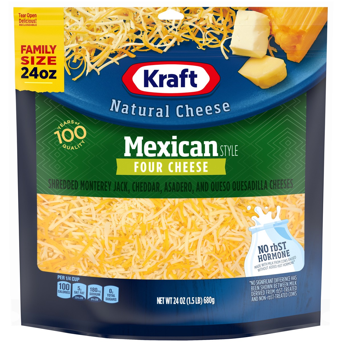slide 1 of 8, Kraft Mexican Style Four Cheese Blend Shredded Cheese Family Size, 24 oz