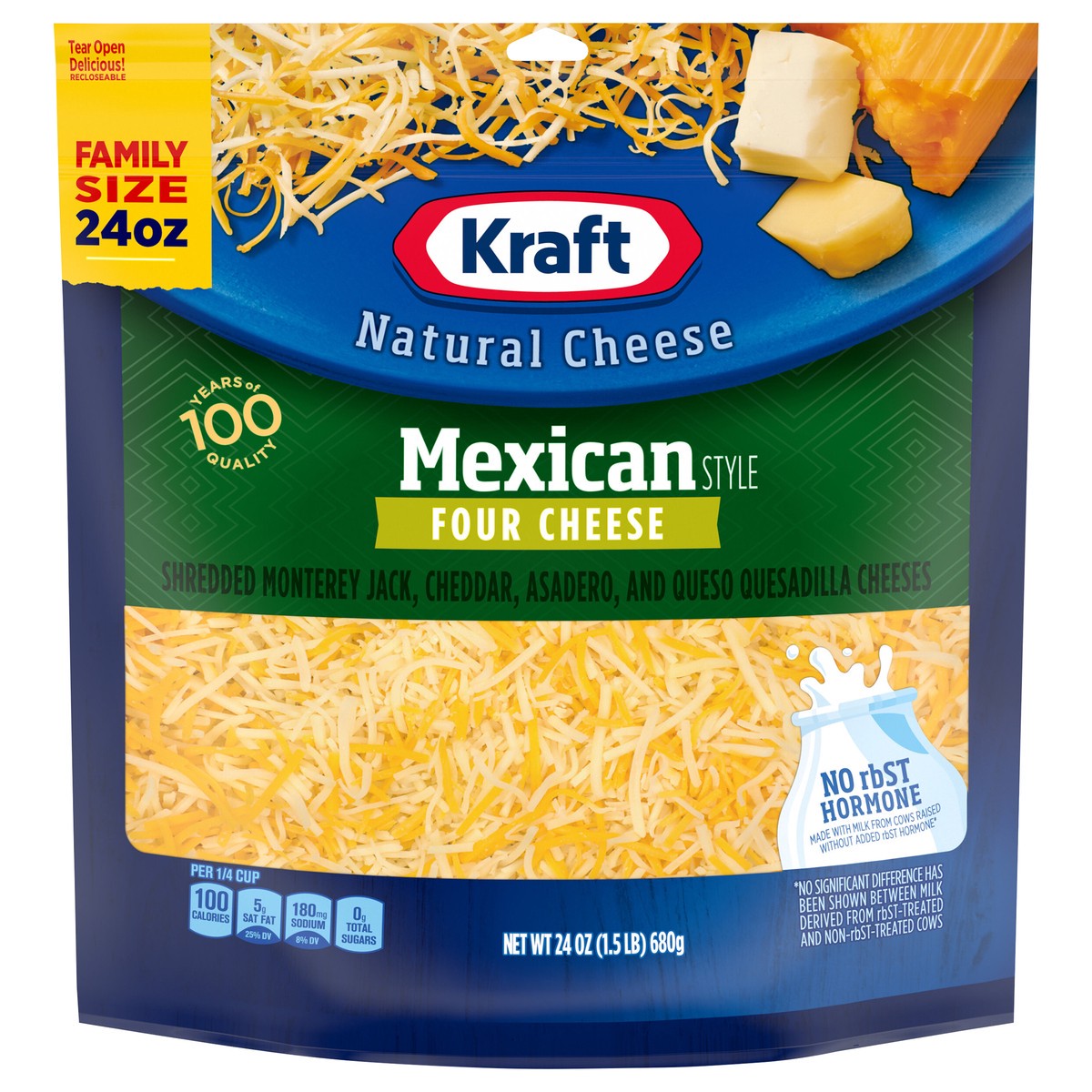 slide 1 of 6, Kraft Mexican Style Four Cheese Blend Shredded Cheese Family Size, 24 oz Bag, 24 oz