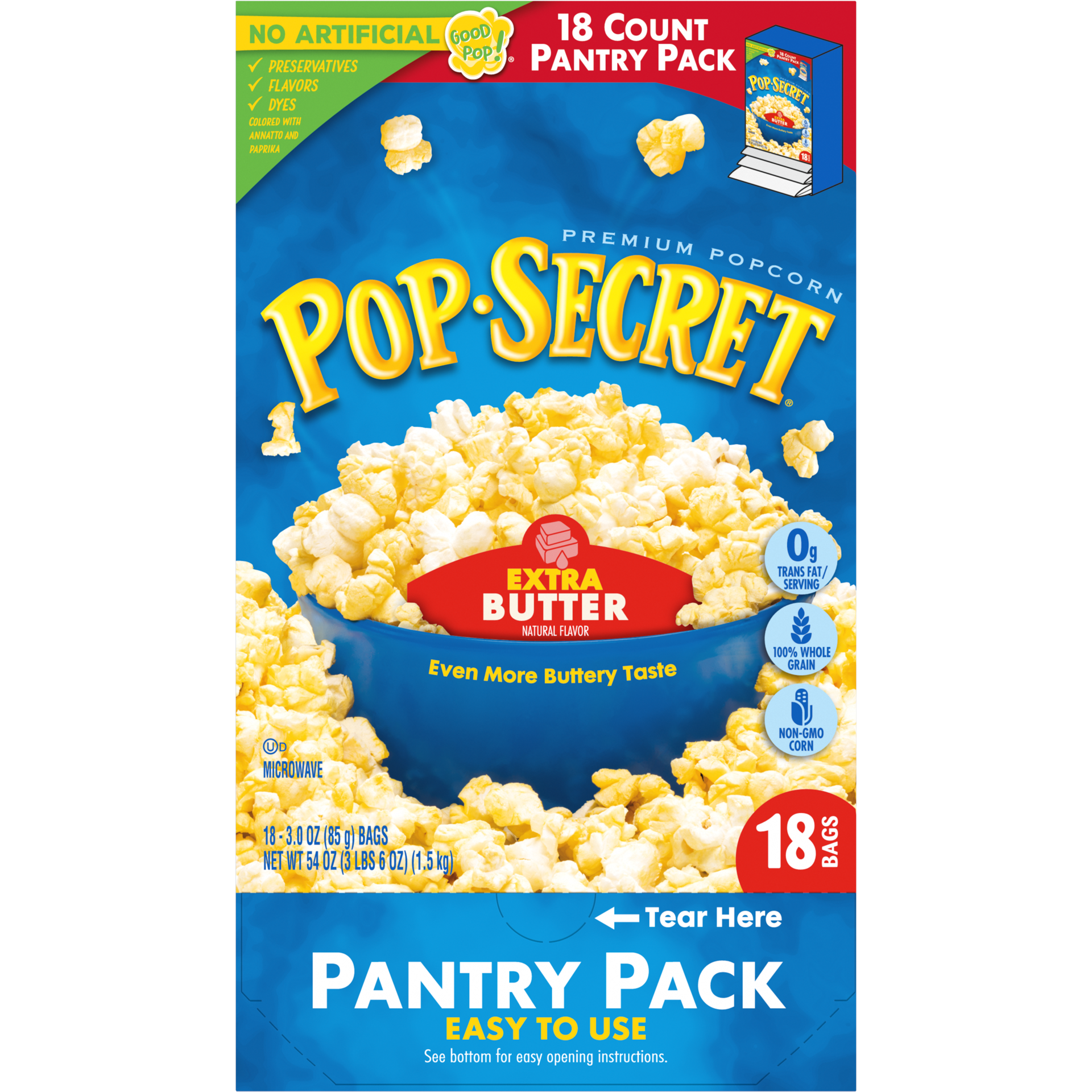 slide 3 of 5, Pop-Secret Extra Butter Microwave Popcorn, 18 ct 3 oz Bags, 54 oz