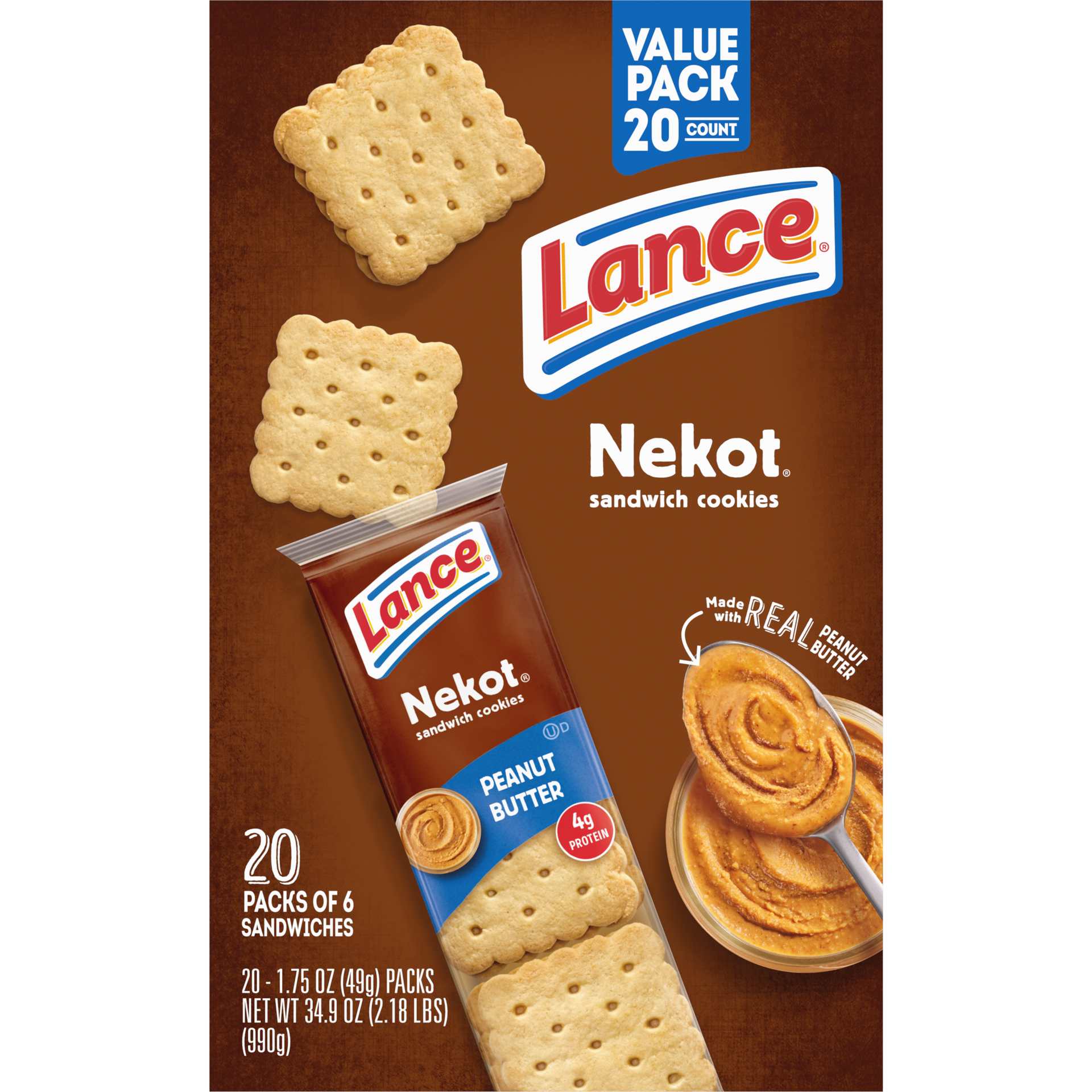 slide 4 of 5, Lance Sandwich Cookies, Nekot Peanut Butter, 20 Individually Wrapped Packs, 6 Sandwiches Each, 20 ct