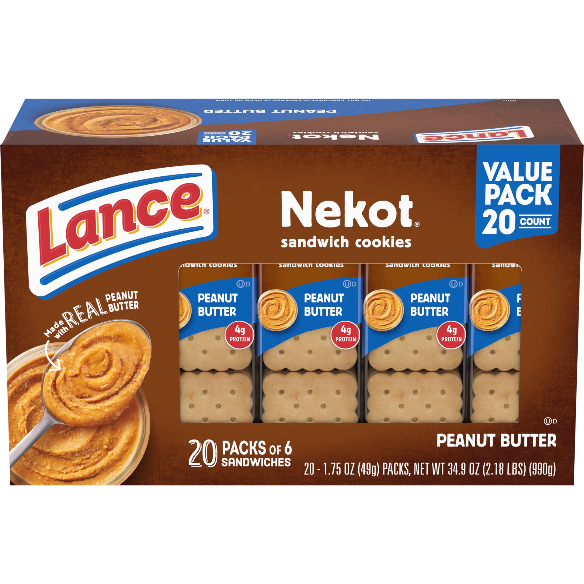 slide 1 of 5, Lance Sandwich Cookies, Nekot Peanut Butter, 20 Individually Wrapped Packs, 6 Sandwiches Each, 20 ct
