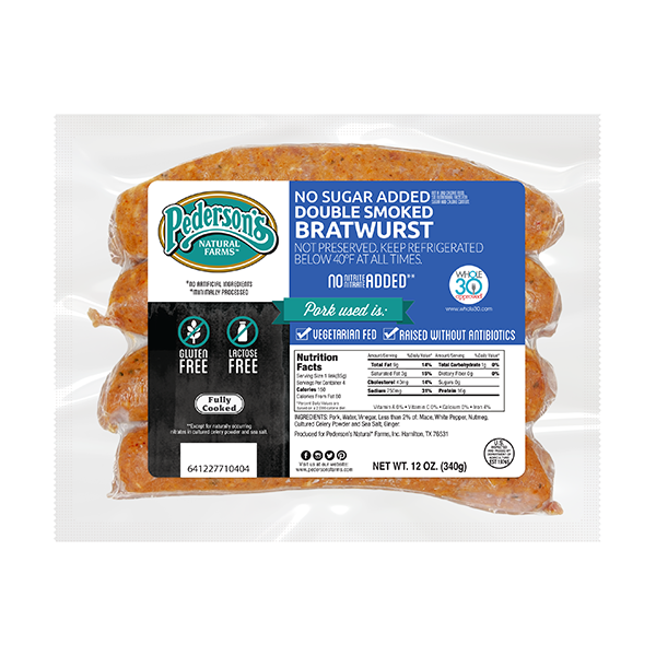 slide 1 of 1, Pederson's Natural Farms No Sugar Added Double Smoked Bratwurst Sausage, 12 oz