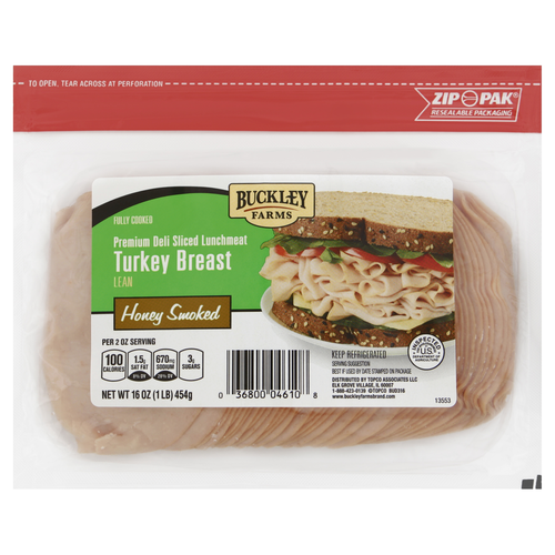 slide 1 of 1, Buckley Farms Honey Smoked Fully Cooked Premium Deli Sliced Lunchmeat Turkey Breast, 16 oz