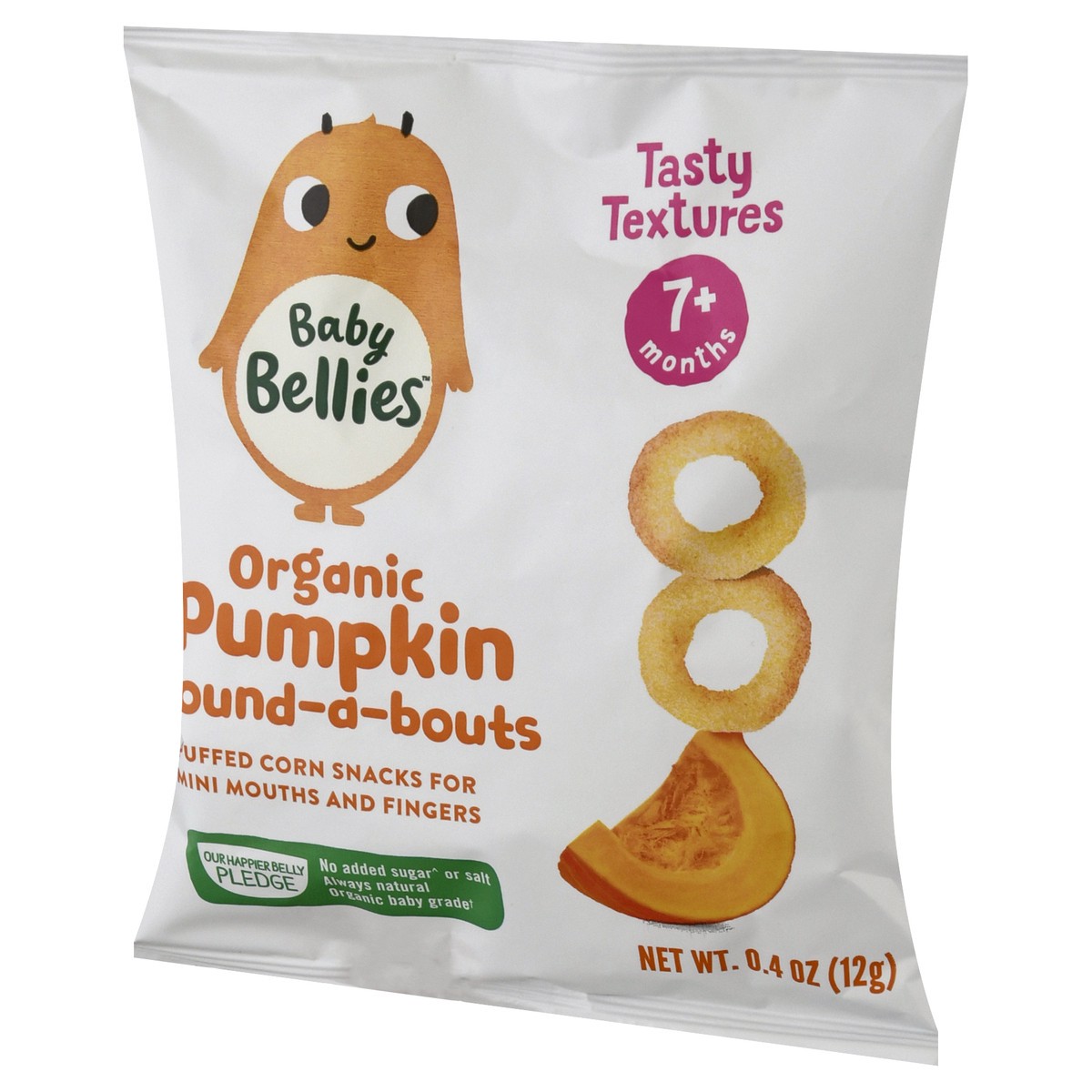 slide 4 of 10, Baby Bellies Round-a-Bouts Organic 7+ Months Pumpkin Puffed Corn Snacks 0.4 oz, 0.4 oz