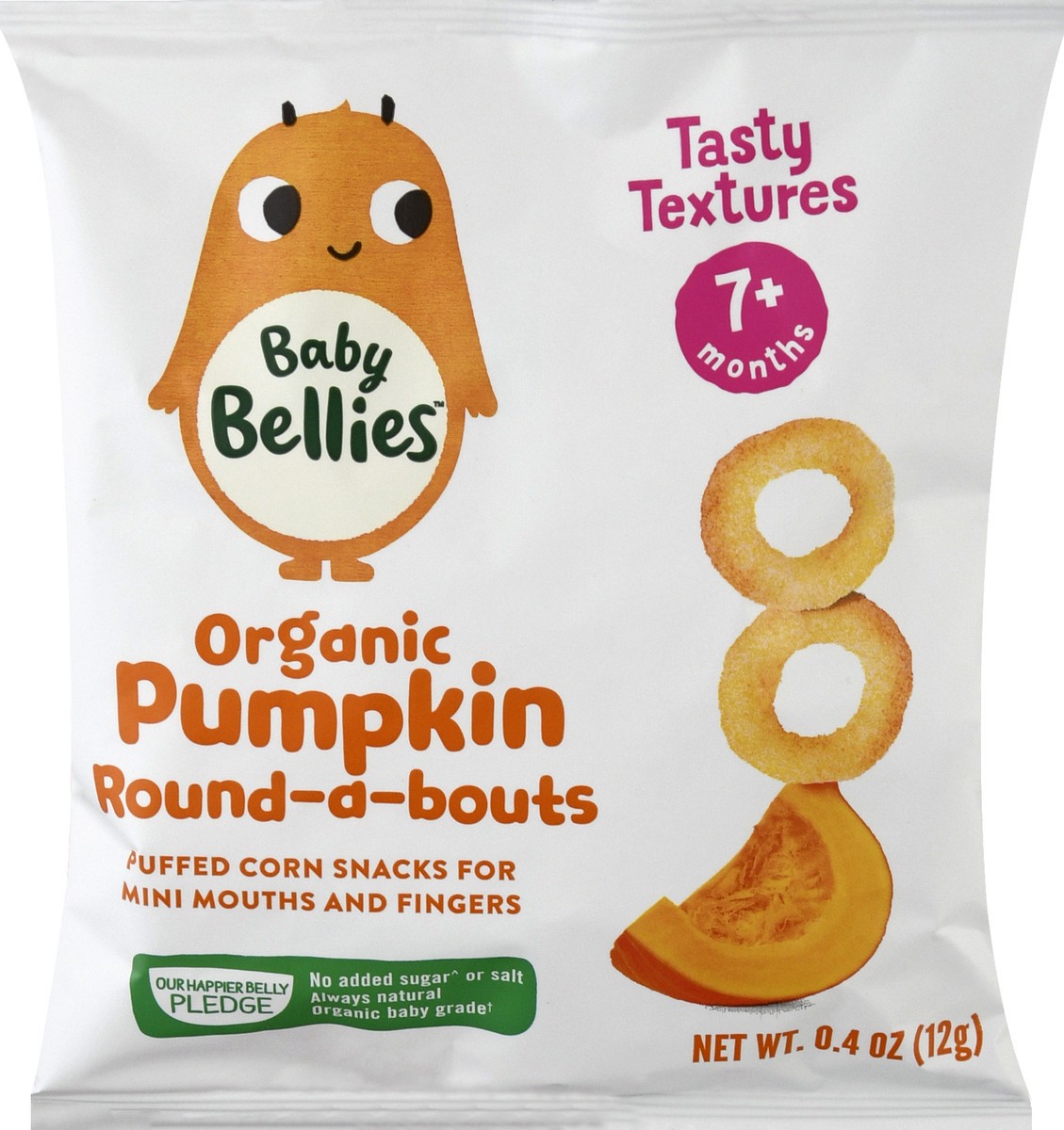 slide 3 of 10, Baby Bellies Round-a-Bouts Organic 7+ Months Pumpkin Puffed Corn Snacks 0.4 oz, 0.4 oz