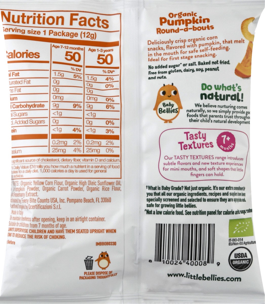 slide 9 of 10, Baby Bellies Round-a-Bouts Organic 7+ Months Pumpkin Puffed Corn Snacks 0.4 oz, 0.4 oz