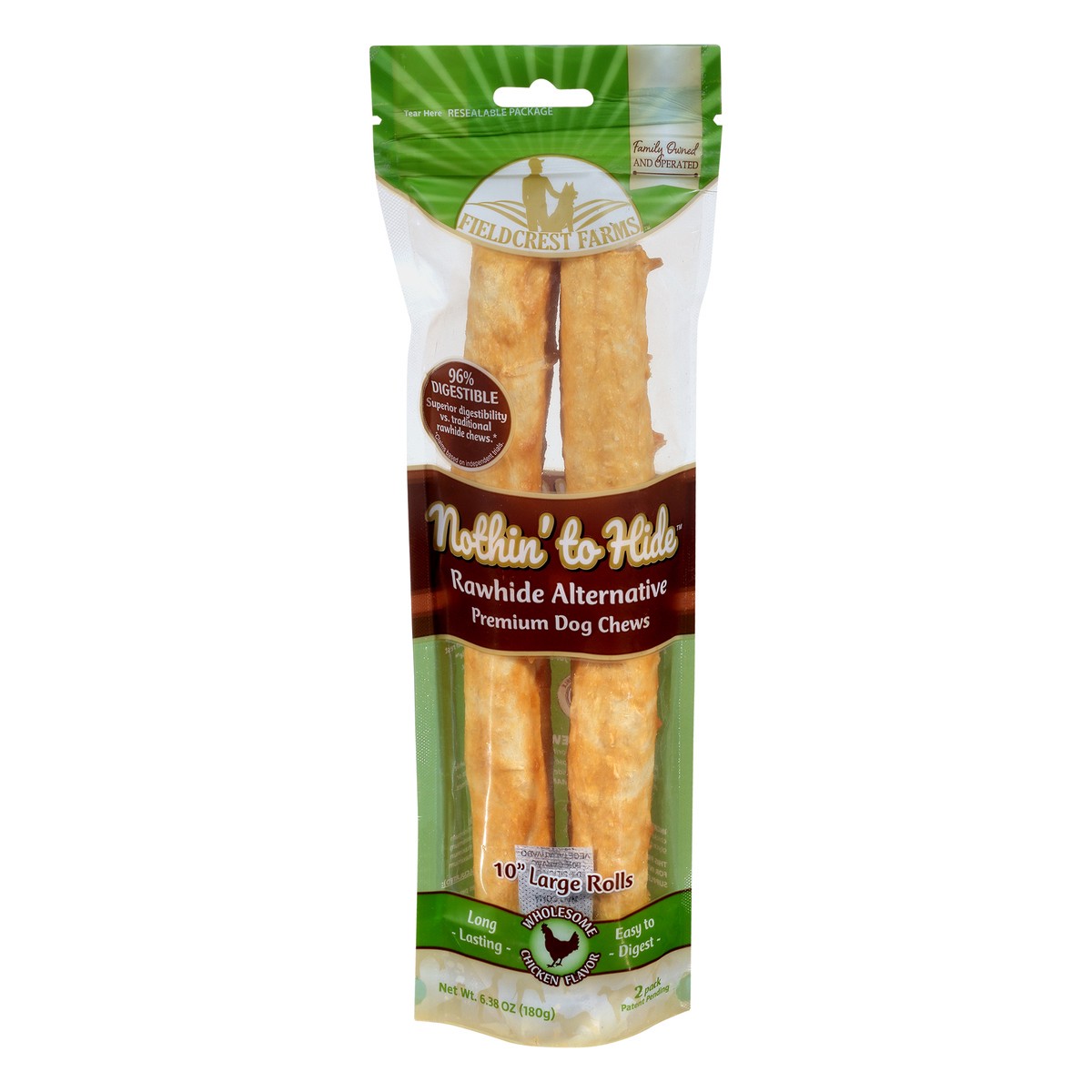 slide 4 of 4, Fieldcrest Farms Nothin' to Hide 2 Pack 10 Inch Large Rolls Premium Chicken Flavor Dog Chews 2 ea, 6.38 oz; large