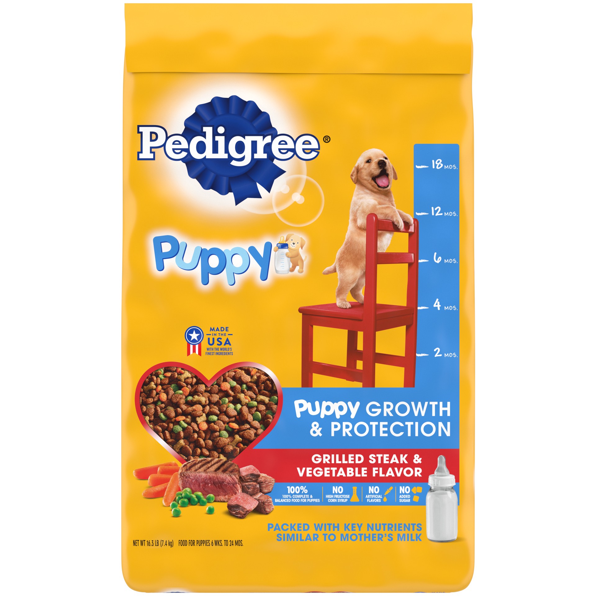 slide 1 of 12, PEDIGREE Puppy Growth & Protection Dry Dog Food Grilled Steak & Vegetable Flavor, 16.3 lb. Bag, 16.30 lb