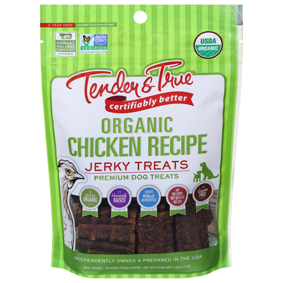 slide 1 of 10, Tender & True Organic Premium Chicken Jerky Dog Treats 4 oz, 4 oz