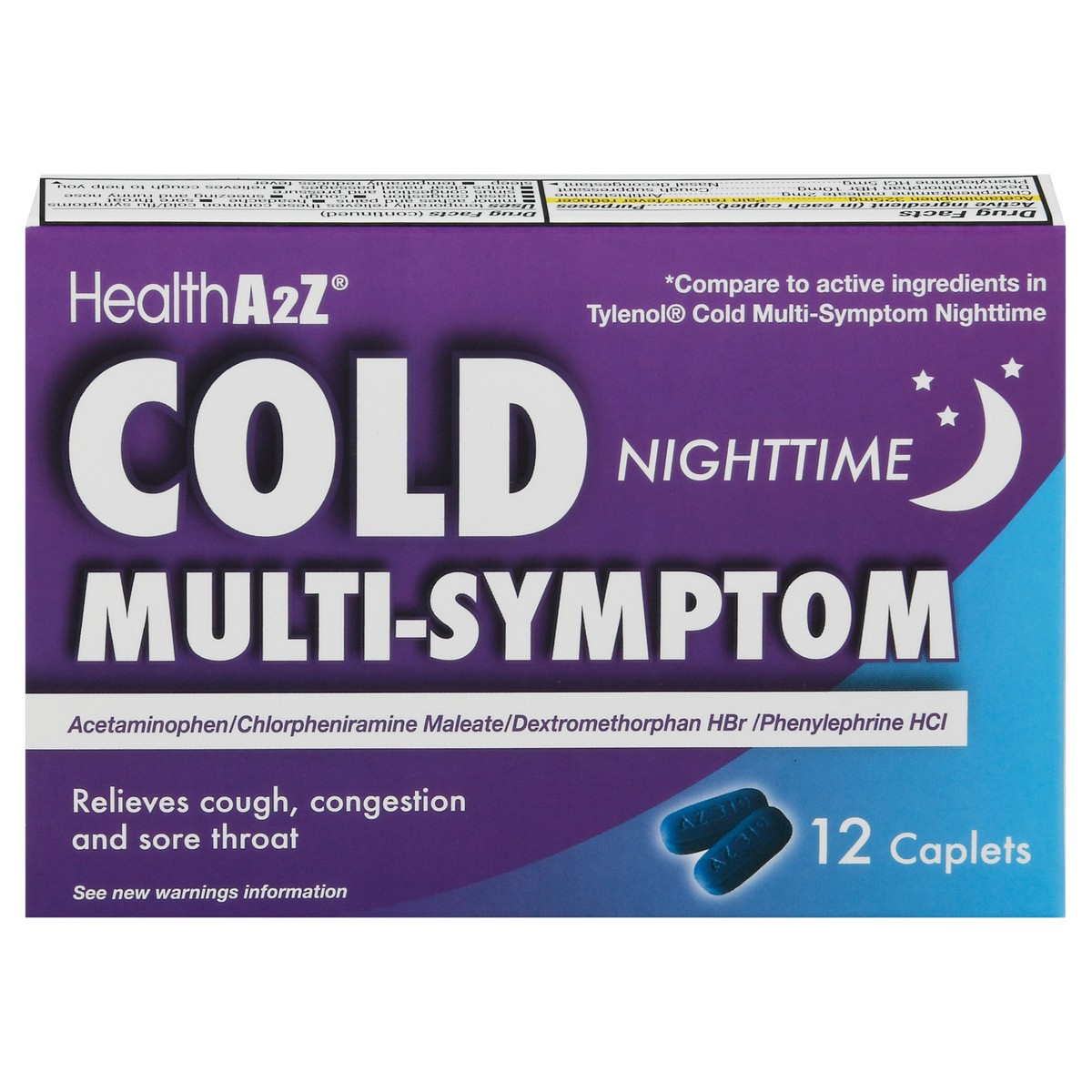 slide 1 of 9, Health A2Z Cold Nighttime Multi-Symptom Caplets, 12 ct