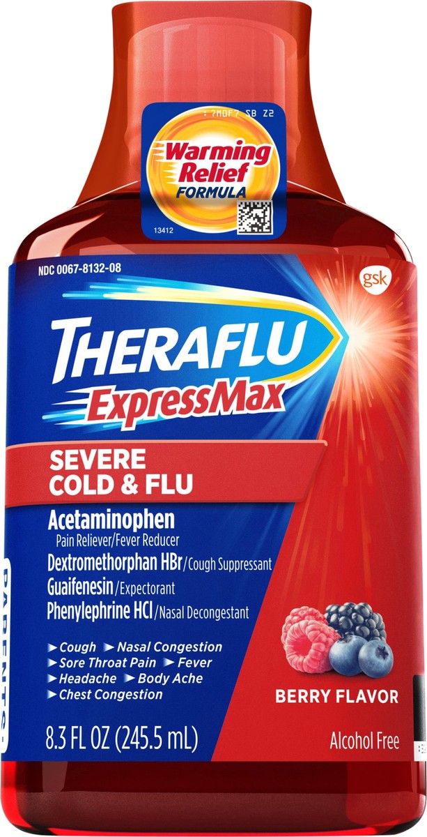 slide 6 of 7, Theraflu ExpressMax Severe Cold and Flu Syrup with Dosing Cup, Berry Flavor - 8.3 Fl Oz Syrup, 8.3 fl oz