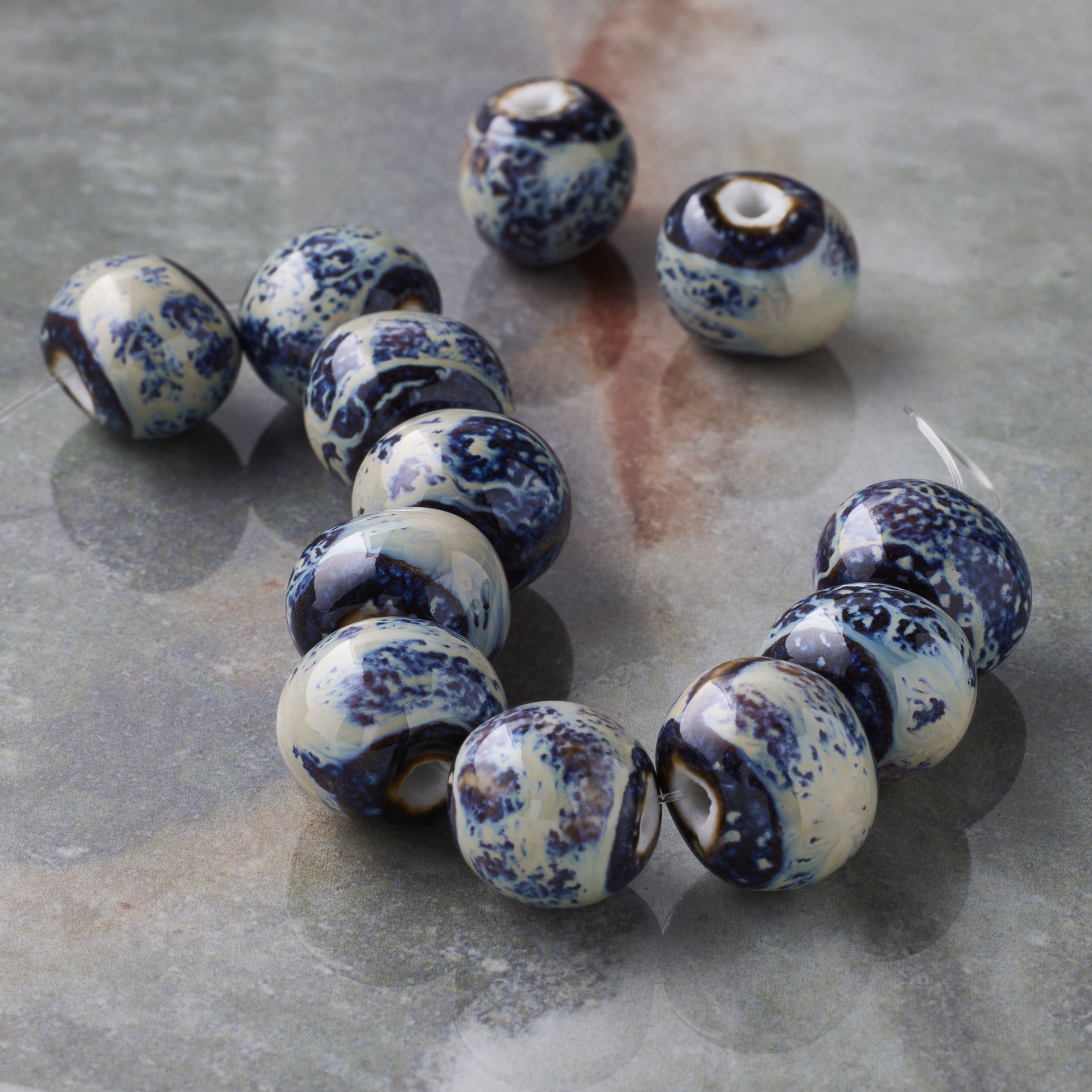 slide 3 of 3, Blue Marbled Rondelle Ceramic Beads, 13.5mm By Bead Landing, 13.5mm
